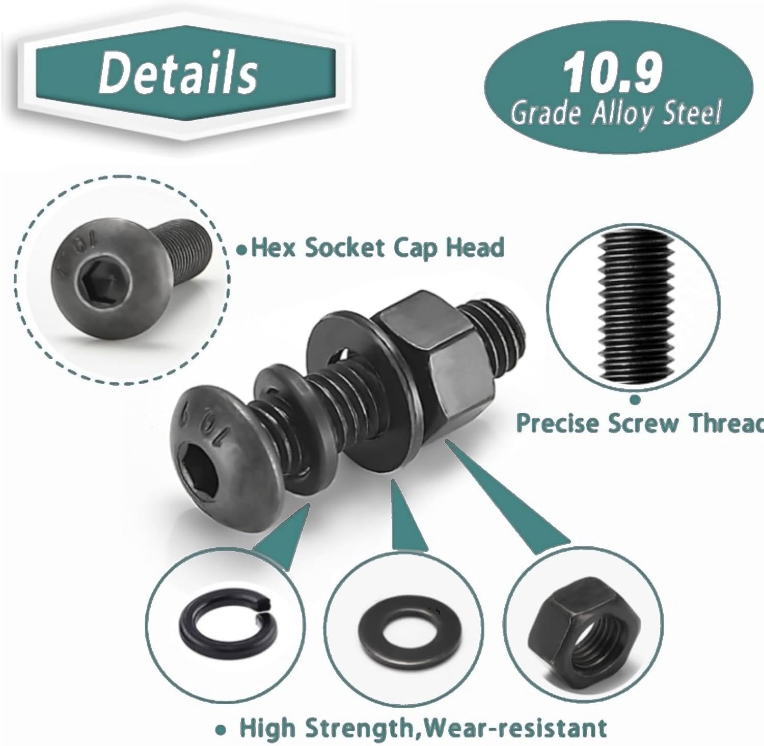 KUGONTC Metric Screw Assortment, 2020PCS Metric Bolt Assortment Kit M2 M3 M4 M5 Machine Screws with Lock & Flat Washers, Grade 10.9 Alloy Steel Hex Socket Button Head Black Screws Nuts and Bolts Kit image number 5