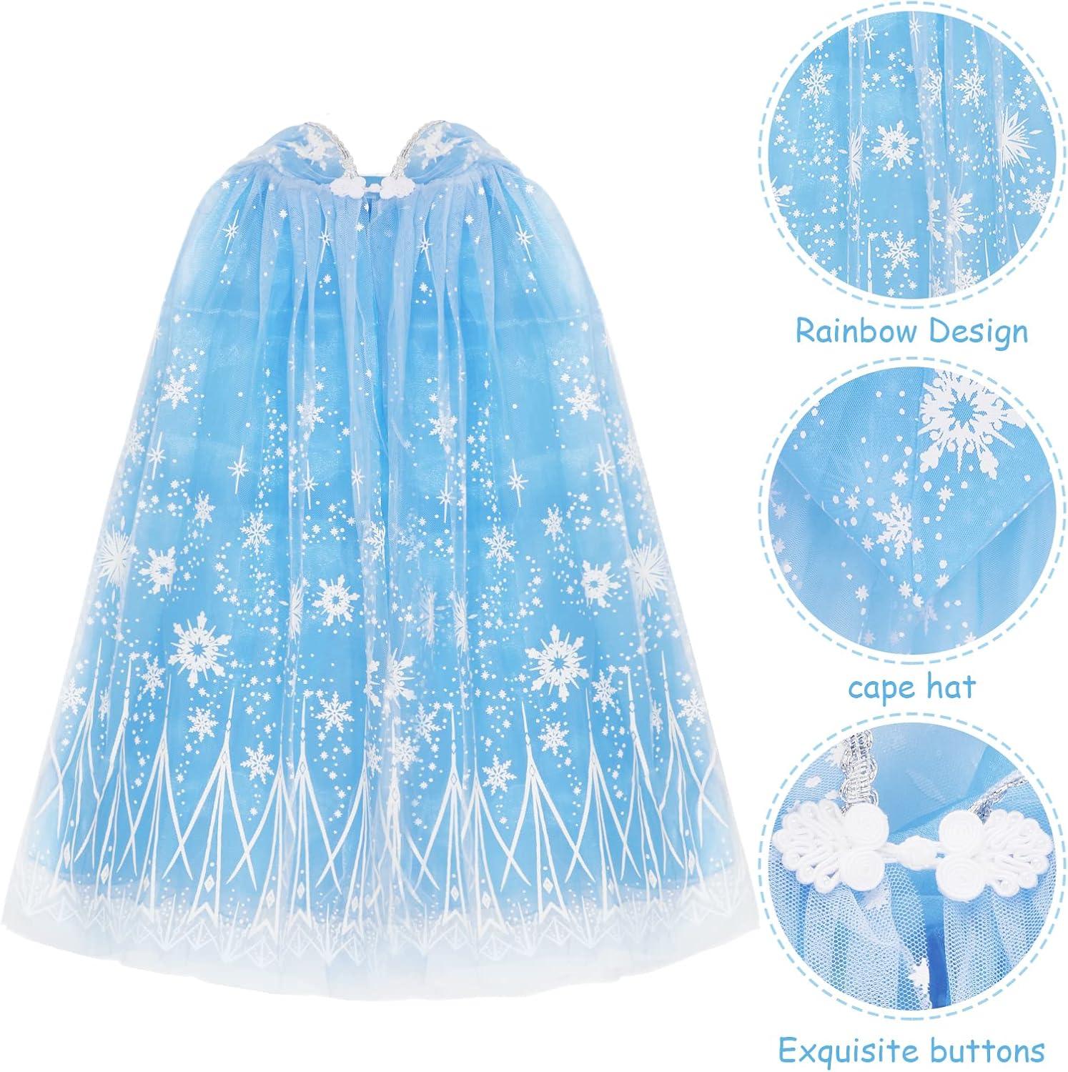 PHOGARY Princess Cape Blue Princess Cloak Snowflake Hooded Cape, Princess Fancy Dress Halloween Costume 2 Layered Tulle Carnival Birthday Party Cosplay Princess Dress up for Girls image number 5