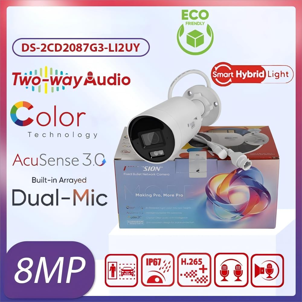 Ⲏikvision DS-2CD2087G3-LI2UY 8MP Smart Hybrid Light Outdoor Bullet Security Camera with Built-In Arrayed Dual-Microphon, 24/7 Color Imaging, AI Person/Vehicle Detection, 512GB SD Slot, 2.8Mm Lens image number 2