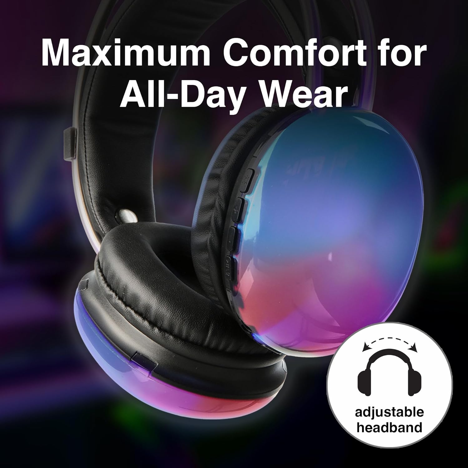 Laser RGB Wireless Bluetooth Headphones, RGB Lighting, 6 Hrs Playtime, Adjustable Headband - Supports AUX & Micro SD, USB C Charging - Compatible with Smartphone, Tablet, Laptop, MP3 Player image number 3