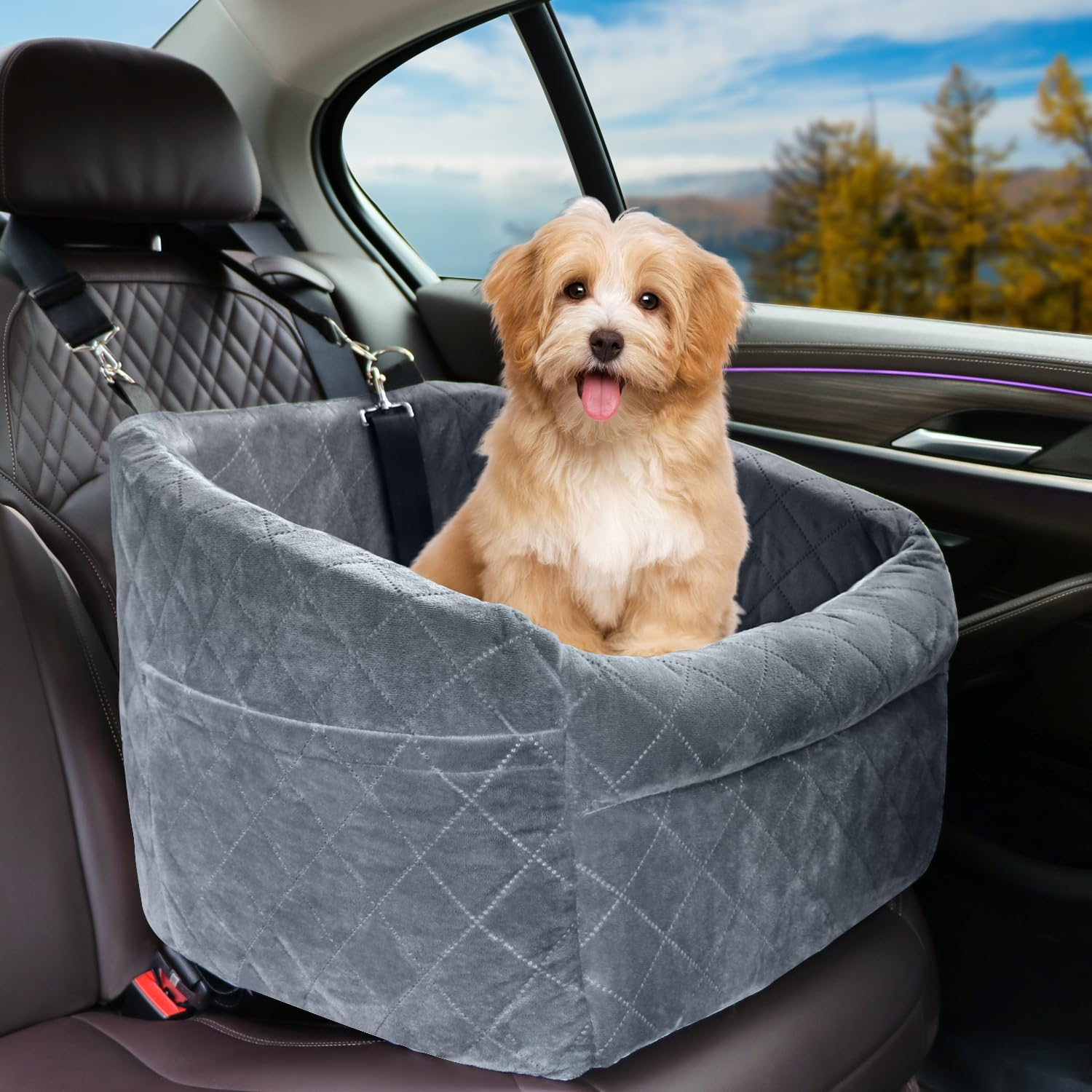 Dog Car Seat for Small/Medium Dogs, Upgrade Dog Booster Seat,Detachable and Washable Pet Car Seats with Thick Cushion Safety Leash and Storage Pockets(Brown) image number 4