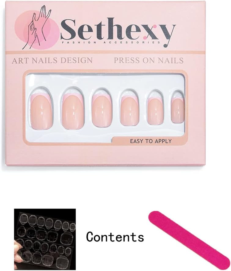 Sethexy French Short Square False Nails Collection Fashion Press on Nails Glossy Fake Nails 24Pcs Acrylic Stick on Nail Tips image number 5