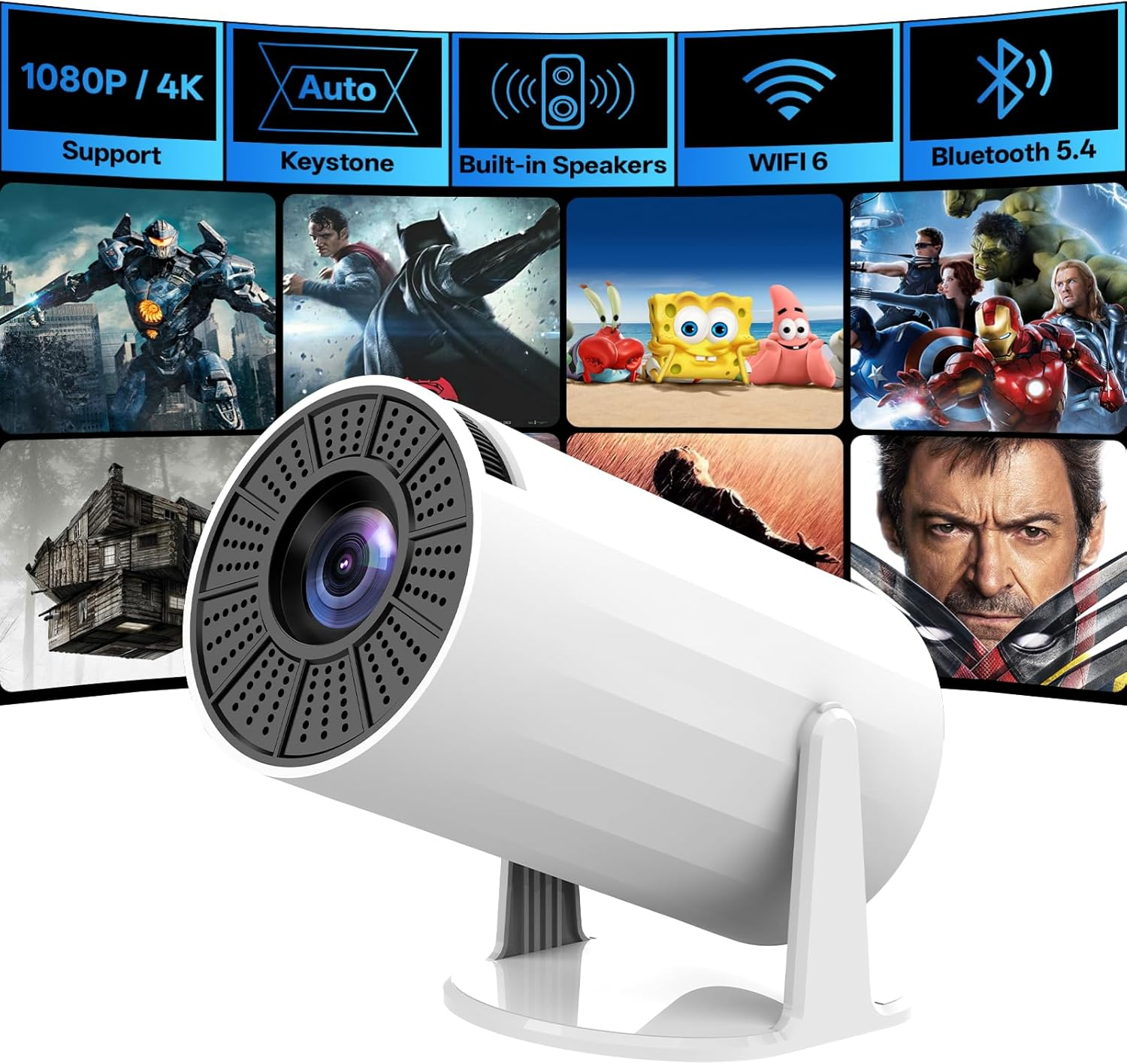 Mini Projector with 1080P Support, [Built-In Apps & Screen Mirroring] Portable Projector with Wifi 6 BT 5.4, Auto Vertical Keystone, 180&deg; Rotation Smart Projectors Suitable for Outdoor/Tv Stick/Phone image number 1