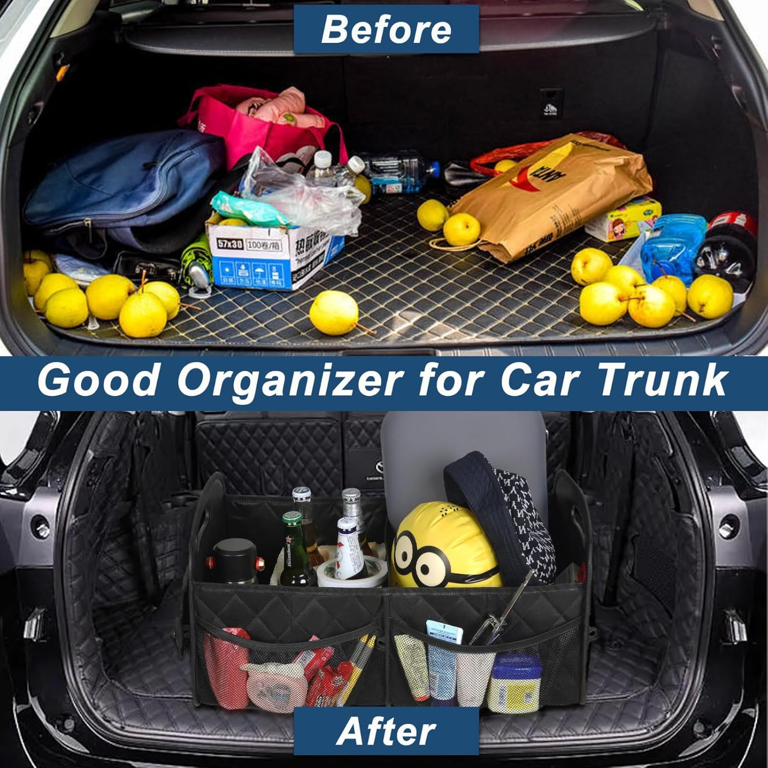 Car Trunk Organizer for SUV, 50L Waterproof Storage with 6 Pockets, Car Accessories for Women/Men, Black Polyester Organizer image number 3