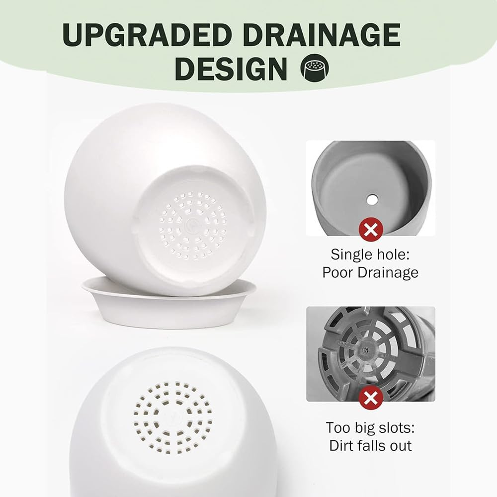 5 Pack Modern Indoor/Outdoor Plant Pots - White Plastic Planters with Drainage Holes & Trays | Decorative Flower Pots for Home Gardening image number 3