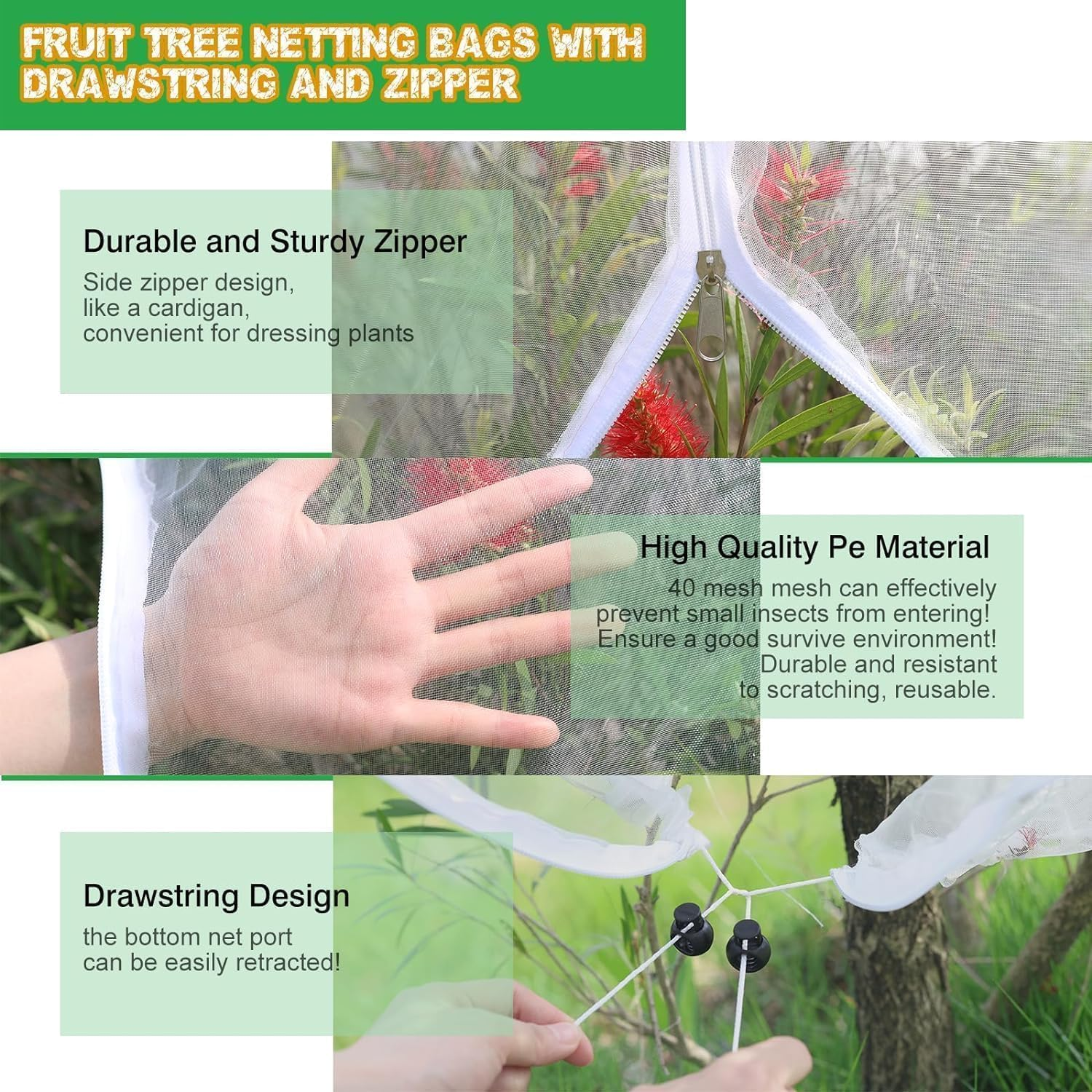 Large Fruit Tree Netting Bags, POIUNA Fruit Tree Netting Cover with Zipper and Drawstring, Fruit Tree Netting for Large Trees, Garden Mesh Netting for Garden Protection,Insect Bird Netting(8.3 X8.3Ft) image number 3