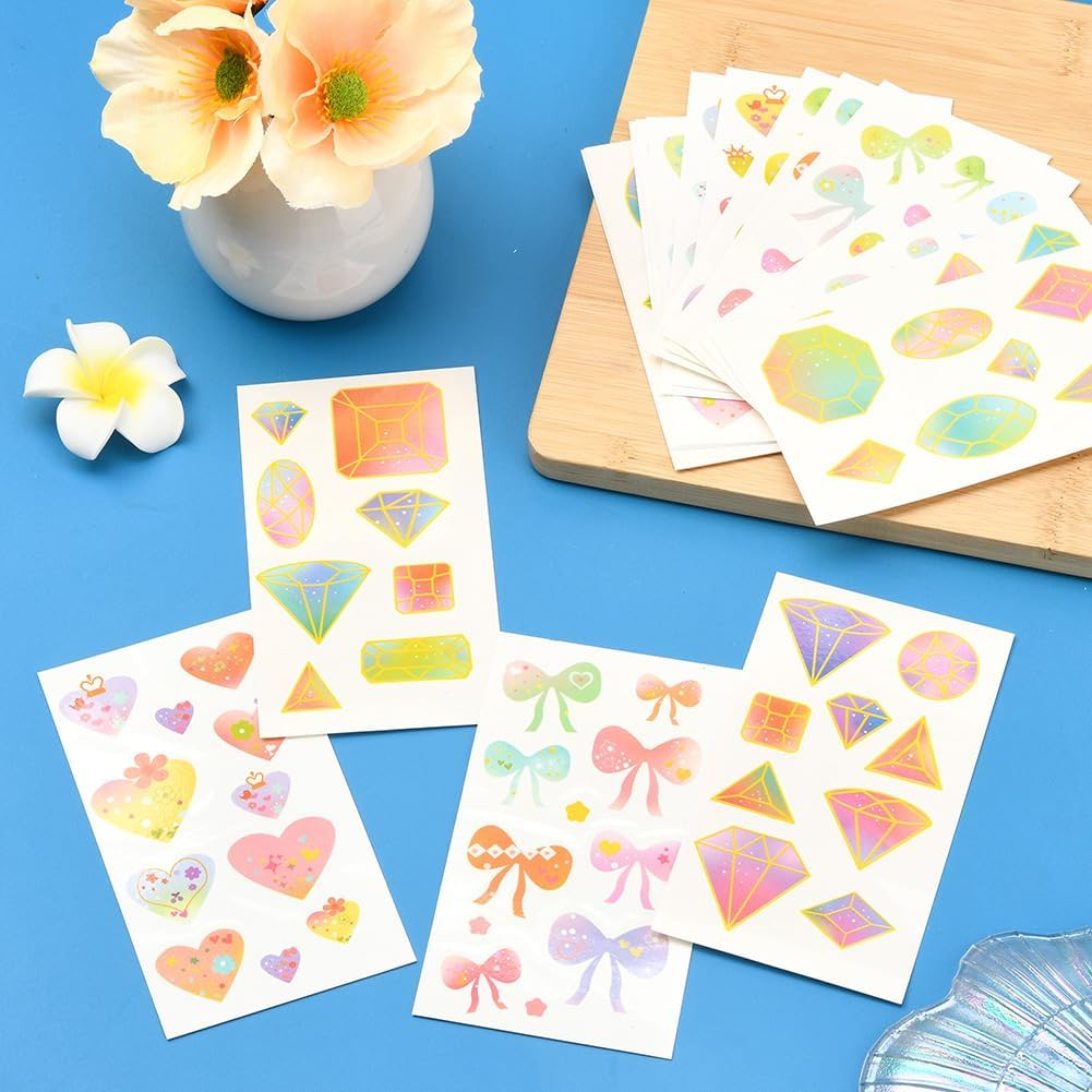 SOFPLATE 1 Box 36 Sheets 3 Styles Heart Stickers Tattoo Pastel Temporary Tattoo Bulk Pack Colourful Bow Tie Gemstone Diamond Cute Cartoon Stickers for DIY Crafts Photo Album Scrapbook Party D image number 1