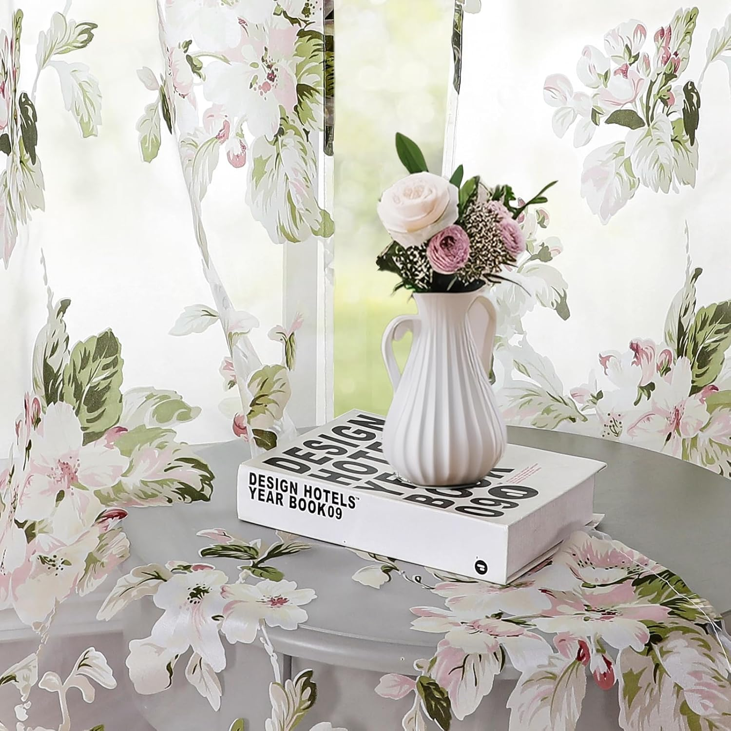 BROSHAN Floral Print Sheer Room Curtains, Pretty Pink Flower Curtain Sheers Sage Green Leaves Pattern Bedroom Curtain Set of 2 Botanical Voile Tulle Window Curtain Panels Rod Pocket image number 3