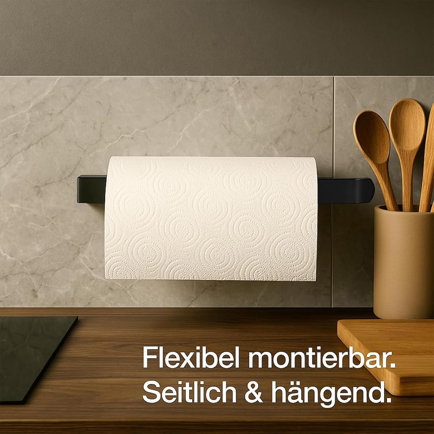 Kitchen Roll Holder Self-Adhesive No Drilling Stainless Steel Matt Wall Holder for Kitchen & Motorhome Practical Storage & Organisation, Roll Holder Black image number 5