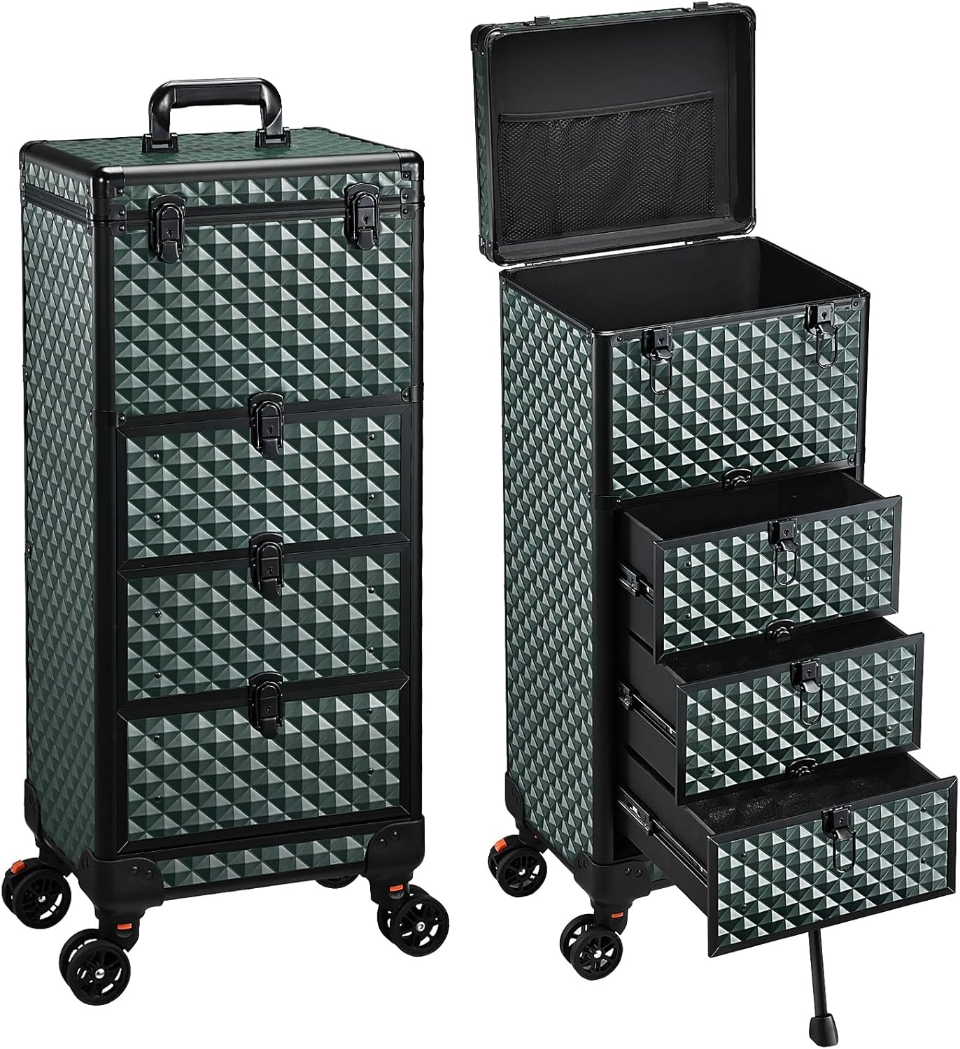 Yueieoun Nail Salon Cart with 4 Drawers,Rolling Makeup Train Case for Beauty,Cosmetology Case on Wheels Trolley Cart,Lockable Organizer Travel Case for Manicure/Face Painting/Hairstylist,Dark GREEN