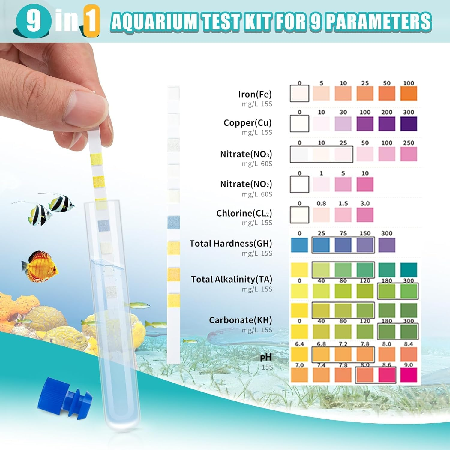 JINDUN 9 in 1 Aquarium Test Kit for Freshwater and Saltwater - 100 Aquarium Test Strips with Test Tube & Thermometer - Fast & Accurate Water Testing Strips for Aquarium/Pond/Pool image number 6