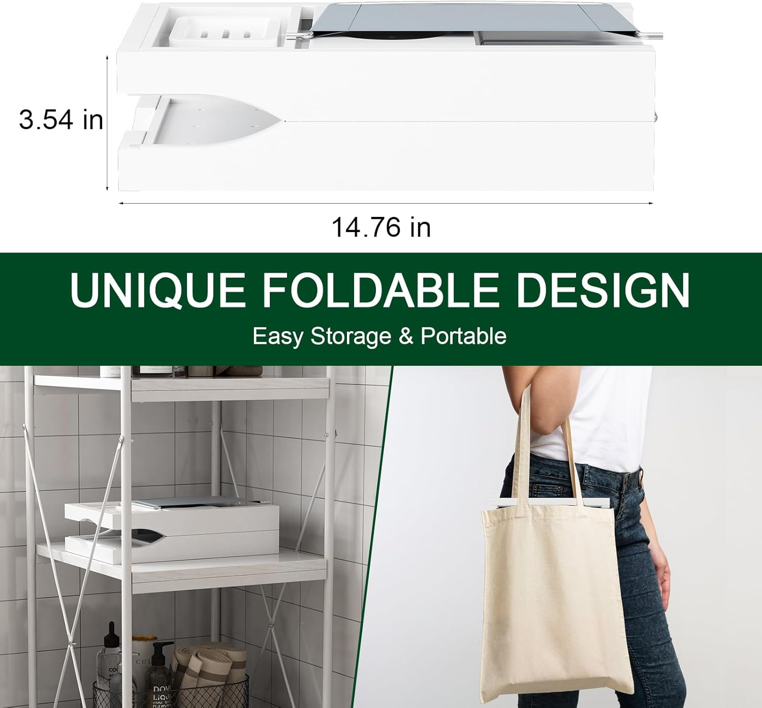 Foldable Bamboo Bathtub Caddy Tray Expandable for Luxury Bath, Bath Accessories & Table with Wine Glass Holder, Book Stand Bathroom Organizer with Extending Sides for Men/Women,White - Natural image number 7