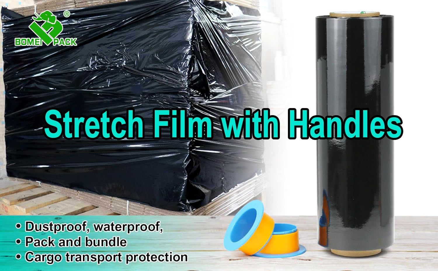 Black Stretch Shrink Wrap Film, Heavy Duty Packaging Stretch Film for Shipping, Moving, Pallet, 1 Roll with 1 Pair Hand Saver,15 Inch X 1476Ft, 70 Gauge,Bomei PACK image number 2