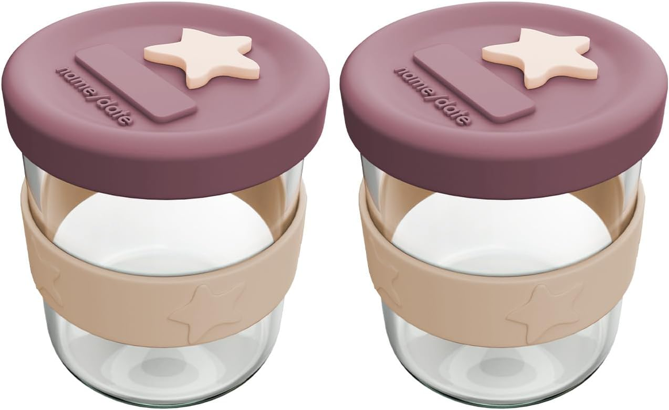 Cherub Baby Durable Non-Toxic BPA Free, Leak-Proof, Microwave, Oven, Freezer Safe Silicone & Glass Baby Food Storage Container Jar with Airtight Lid Pack of 2 180Ml - Dusty Rose/Sand
