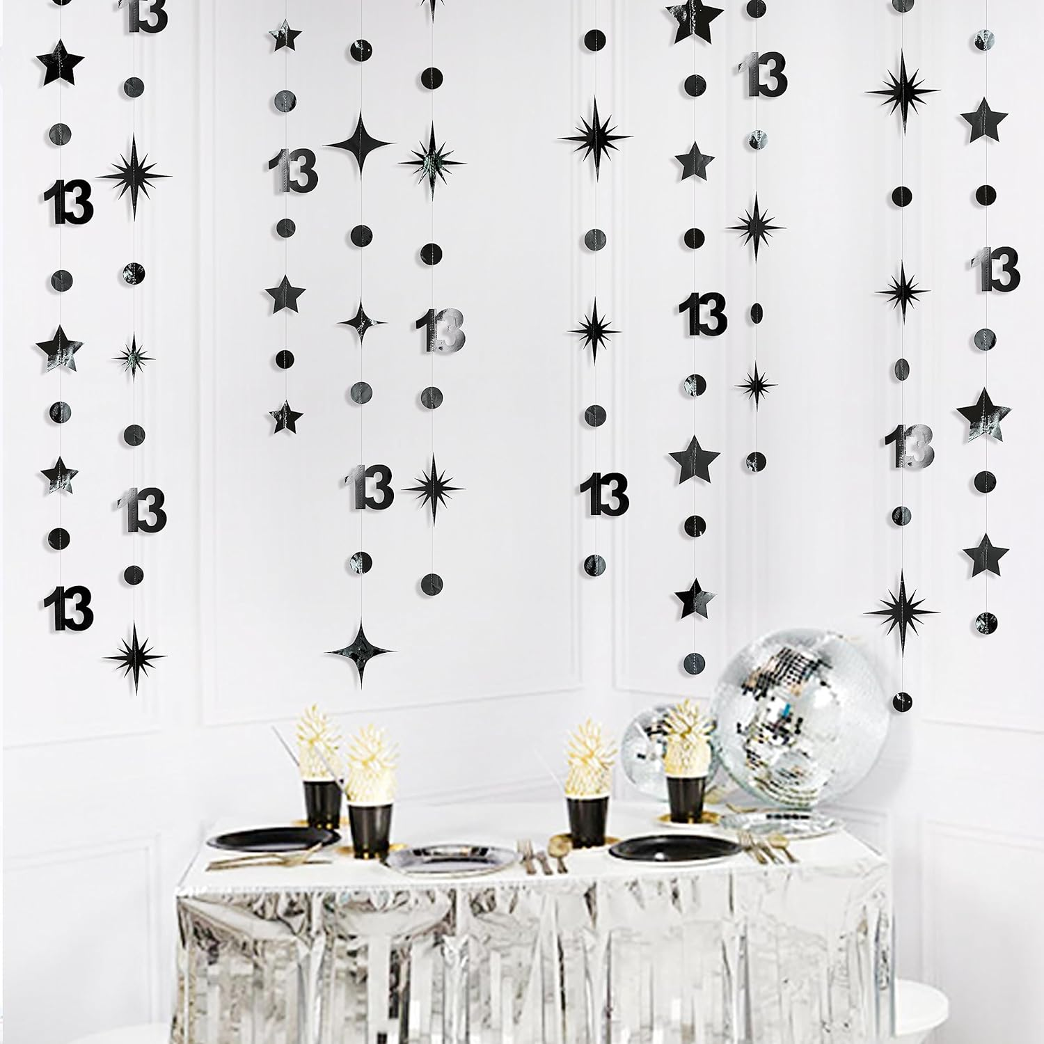 Black 13Th Polka Dot Star Garland Streamer Metallic Paper Black 13 Sign Hanging Bunting Banner for Boy Official Teenager Thirteen Birthday Happy 13 Years Old 13Th Anniversary Party Decoration Supplies image number 5