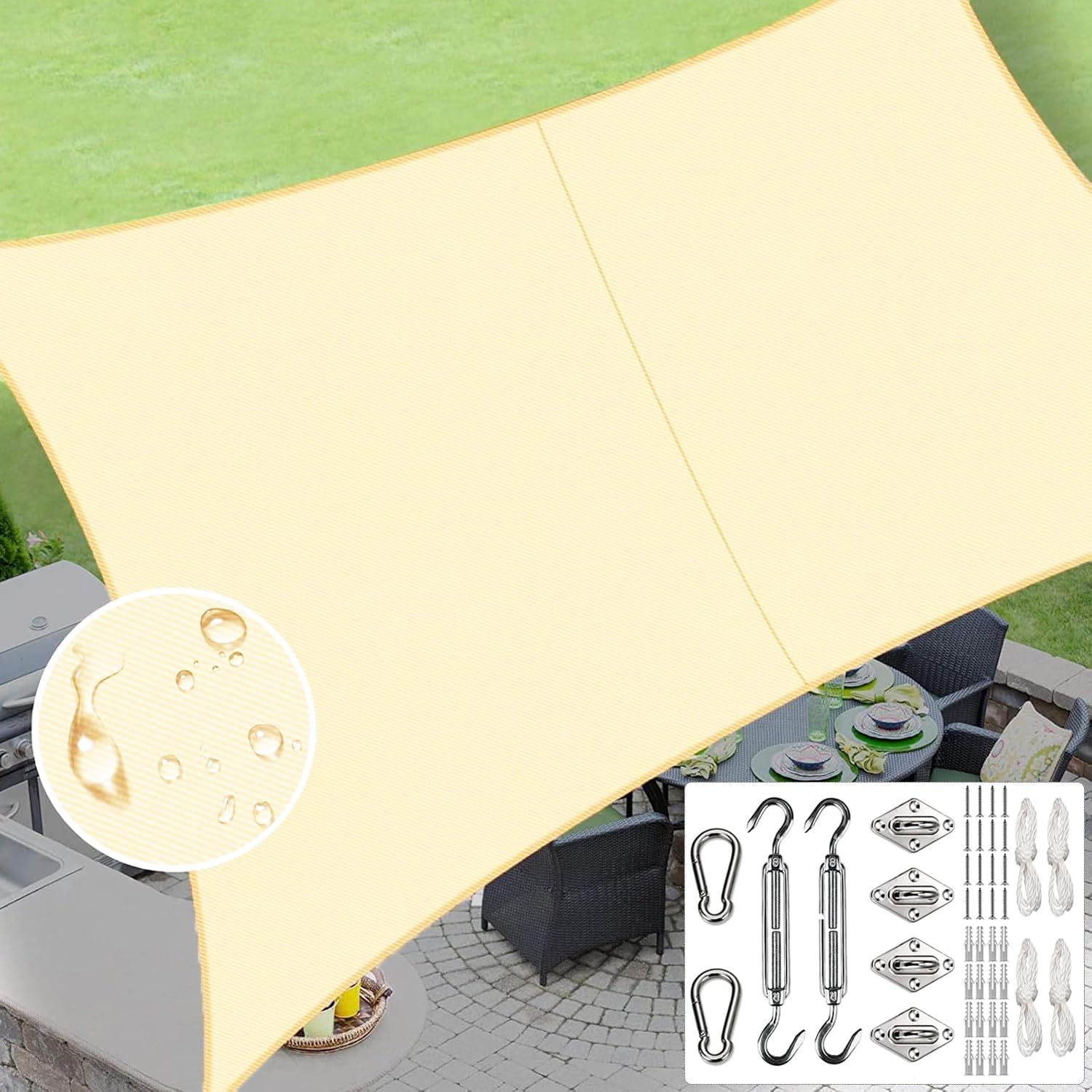 Waterproof Sun Shade Sail 4 X 5M Rectangle 95% UV Block Sunshade with Hardware Kit for Backyard Yard Deck Patio Lawn Garden Outdoor Activities and Facility, Pergola Canopy Awning Shelter (Beige)