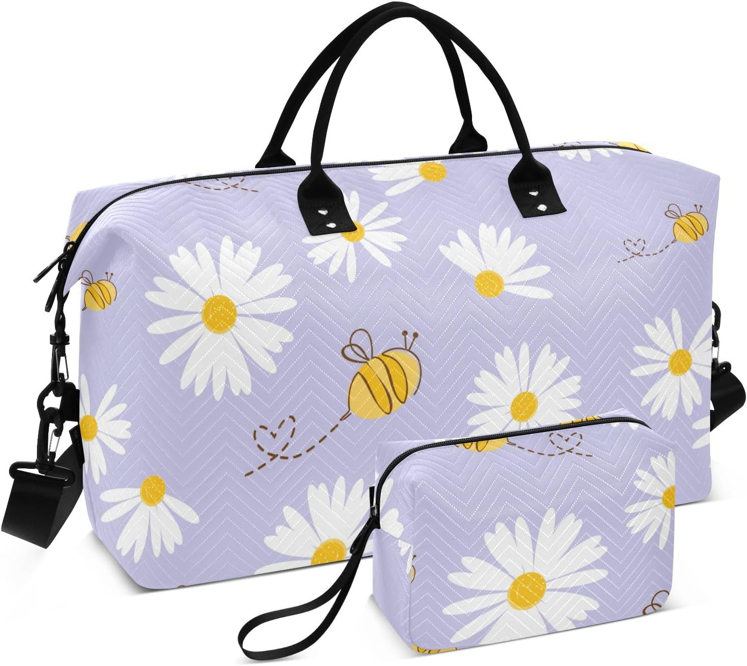 Large Travel Duffel Luggage Carry on Shoulder Weekend Tote Daisy Flower Field Bee Happy Good Luck Sports Duffel Bags, Seamless Daisy Flower Field Bee Happy Good Luck, Set of 2, Art Deco