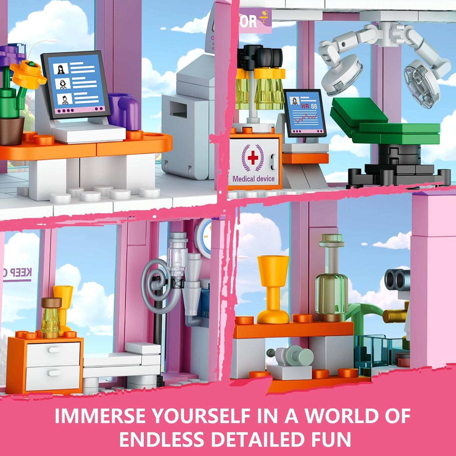 Toy Player Pink Girls City Hospital Building Block Set, Compatible with , Includes Rescue Helicopter, Trailer and Carrier, STEM Gifts for 6-12+ Years Old Boys Girls (791 Pieces) image number 1