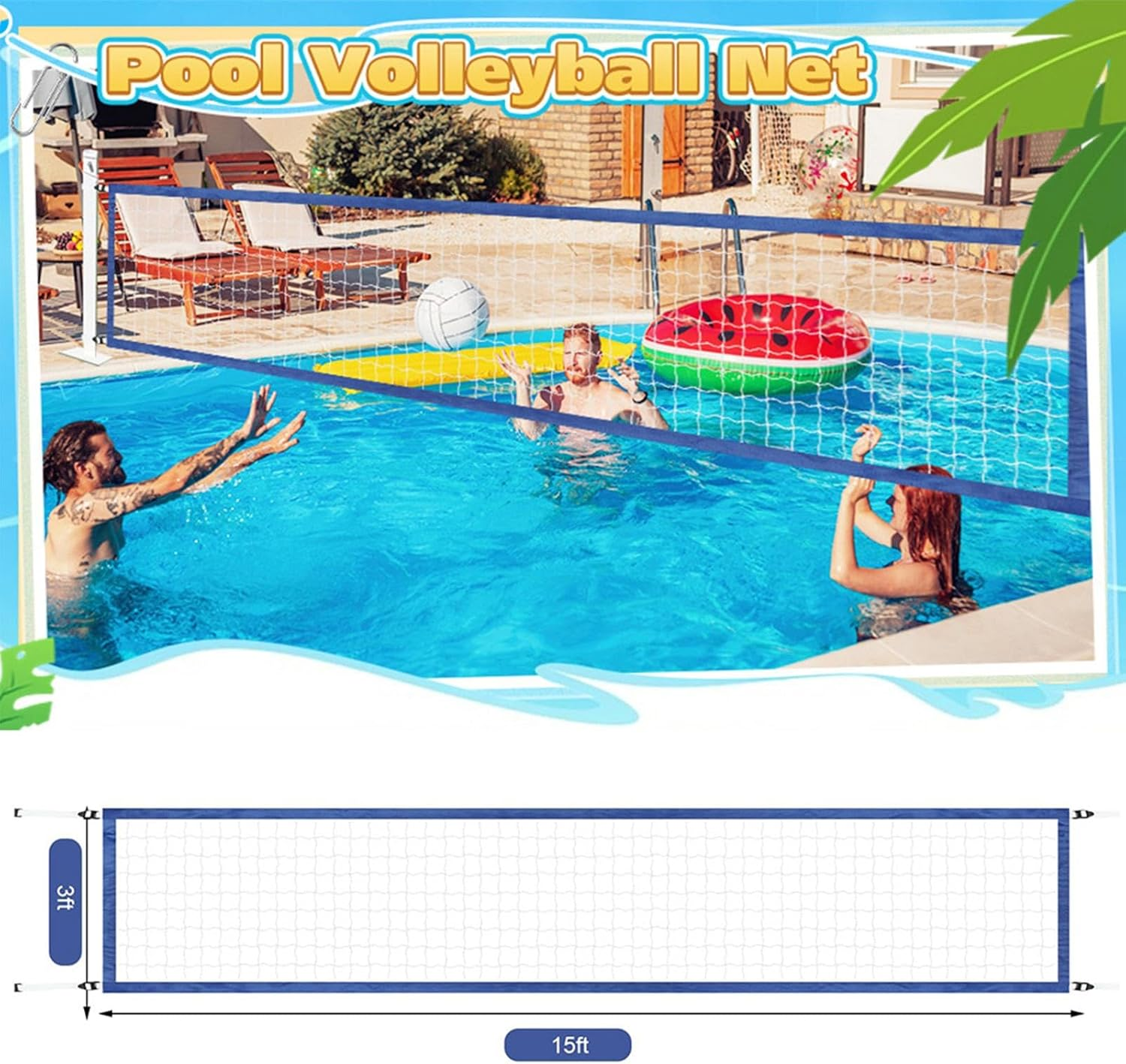 Water Volleyball Net,Portable 15 X 3FT Volleyball Net | Heavy Duty Swimming Pool Supplies Replacement Sports Accessories for Water Game image number 1
