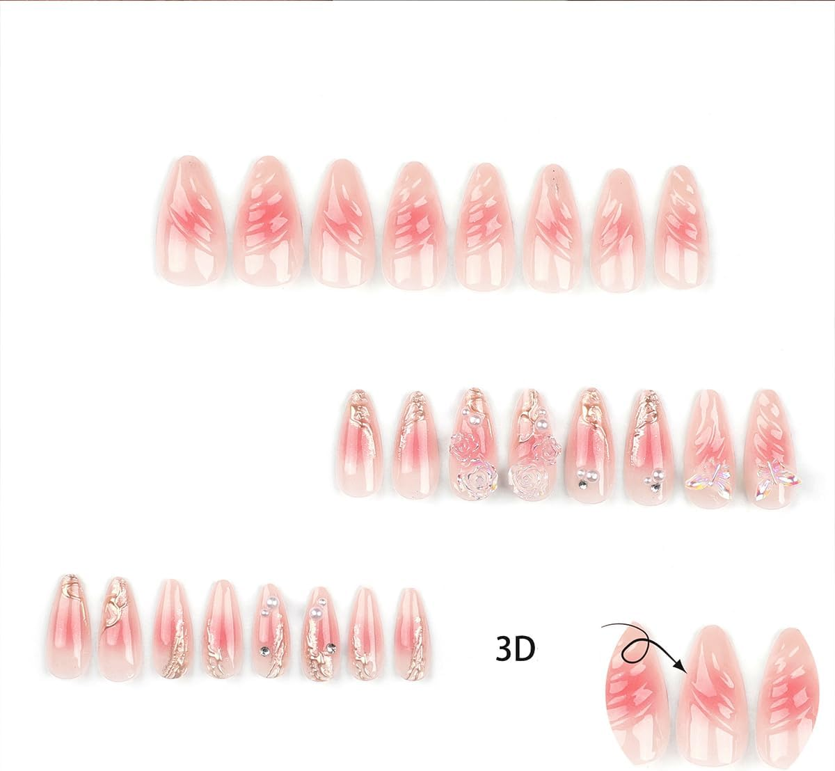 French Pink Press on Nails - 24 PCS 3D Flower Fake Nails Long Coffin False Nails with Rhinestones Designs Stick on Nails for Women Girls Party Salon image number 2