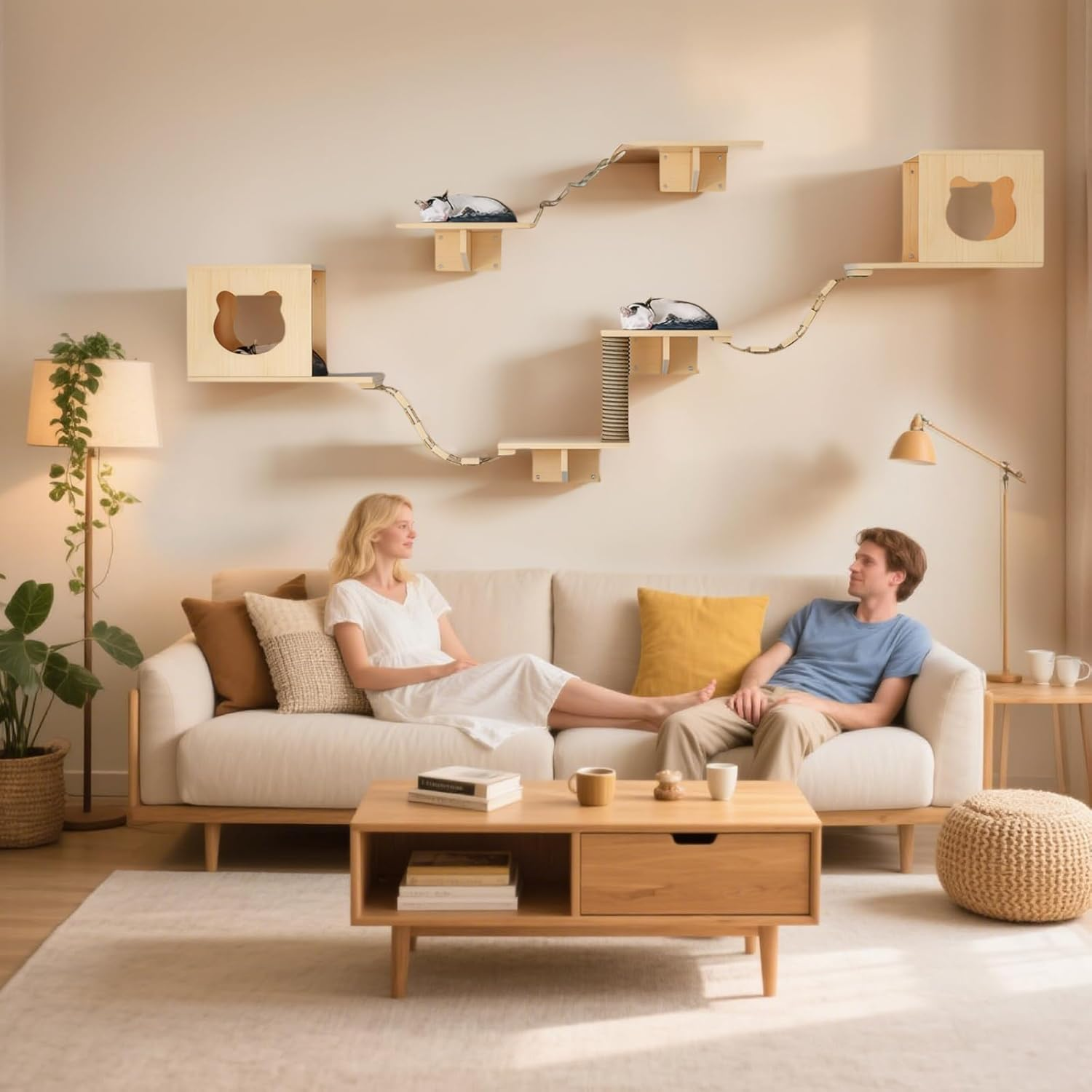 HOOMFIT Cat Wall Shelve, Wooden Climbing Furniture for Cats, Wall Mount with 2 Shelves, 2 Houses, 2 Ladders & 1 Scratching Posts - Wall Mounted (7Pcs)