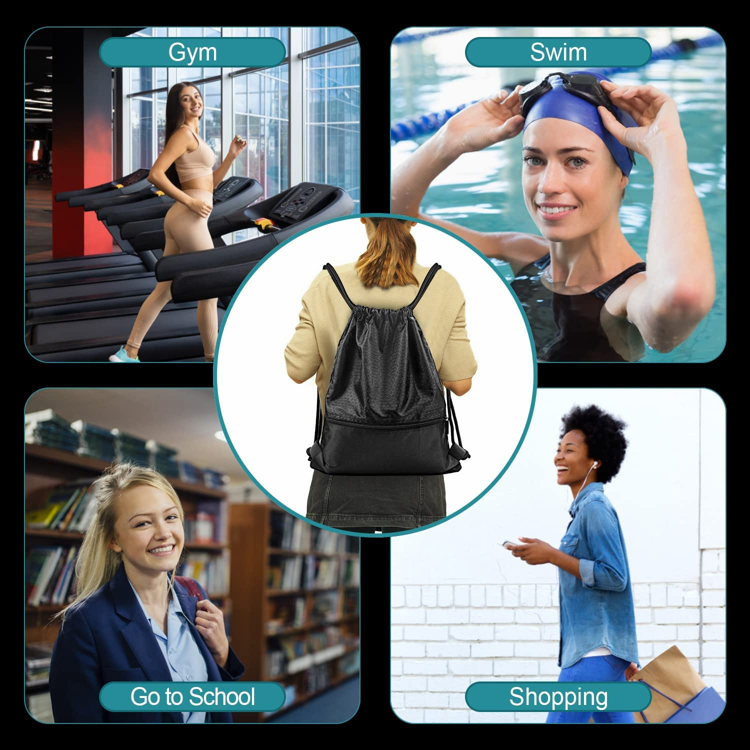 Drawstring Backpack Water Resistant Sports Gym Bag for Women Men Children Large Size with Zipper image number 2