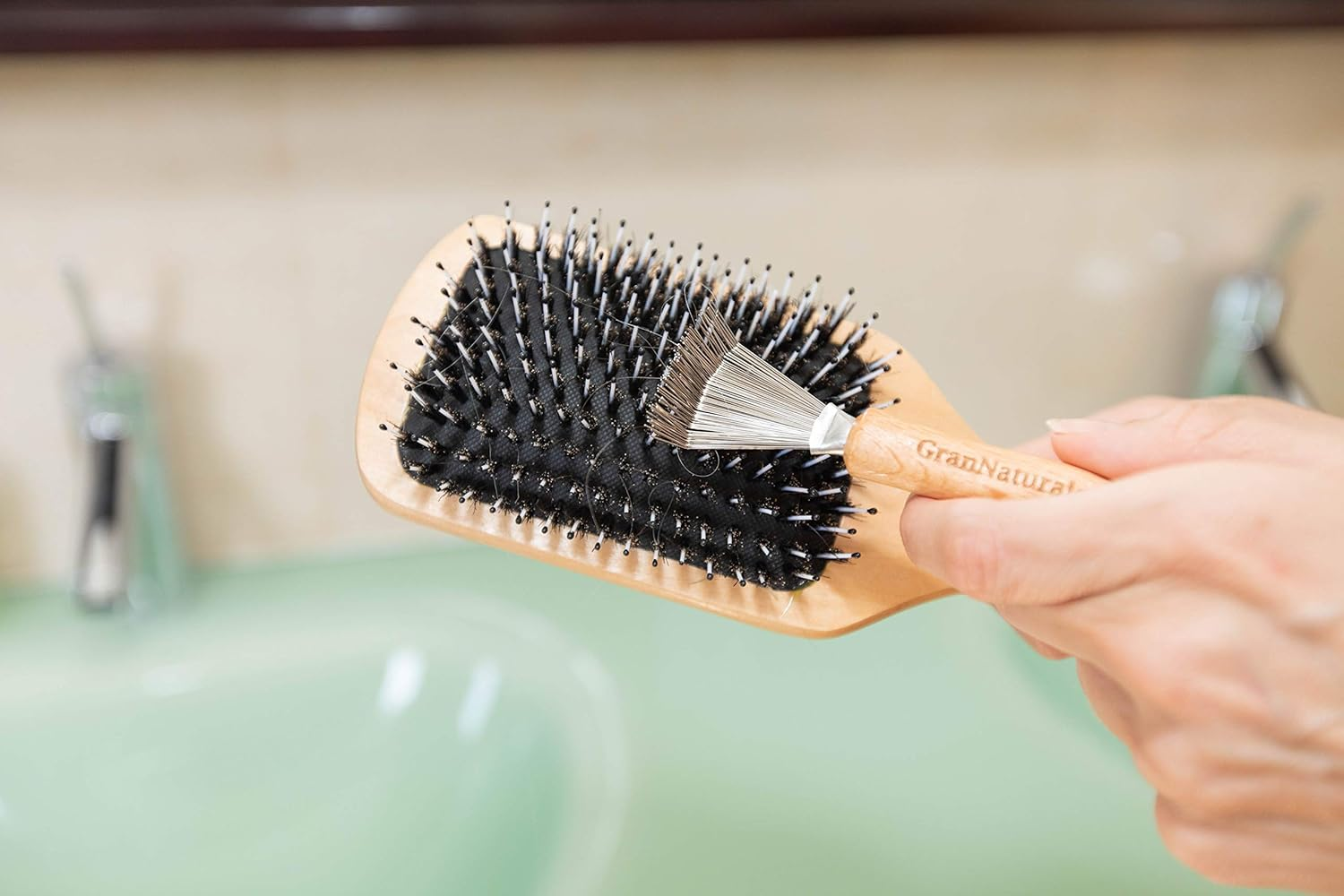 Grannaturals Hair Brush Cleaner - Rake Design for Pick Cleaning & Detangling Combs & Bristle Brushes - Durable Metal Wires, Ergonomic Wooden Handle - Quick Hair, Dust & Lint Remover Tool for Brushes image number 5