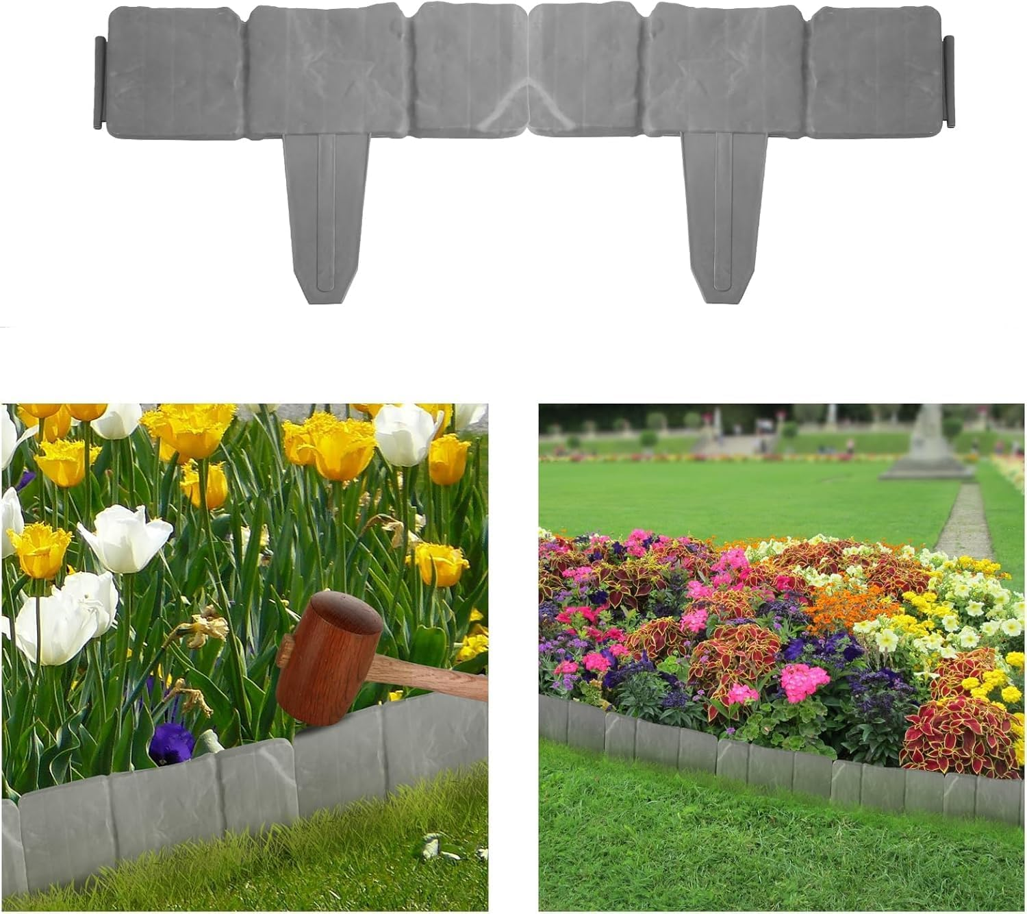 20PCS Plastic Garden Edging Border, 25Cm Stone Effect Garden Lawn Edging, Garden Partition for Flower Pot Plant, Decorative Outdoor Fence for Outdoor Patio Balcony Yard Landscaping (Grey) image number 2