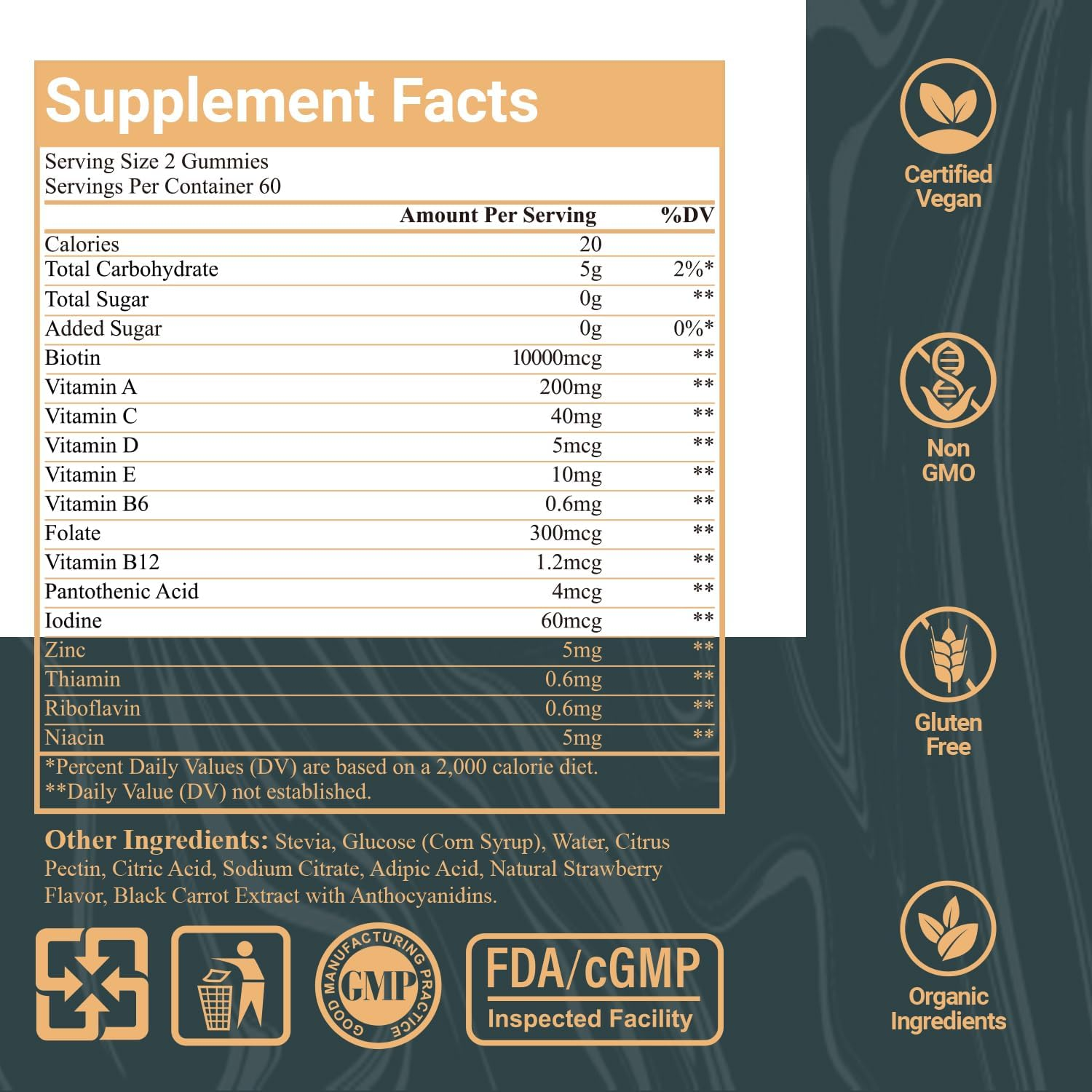 Biotic'S Gain Biotin Gummies, 10000 Mcg, Hair Skin and Nail Support, with Vitamins a C D E B6 B12 and Zinc, Vegan, Sugar Free, 120 Count image number 2