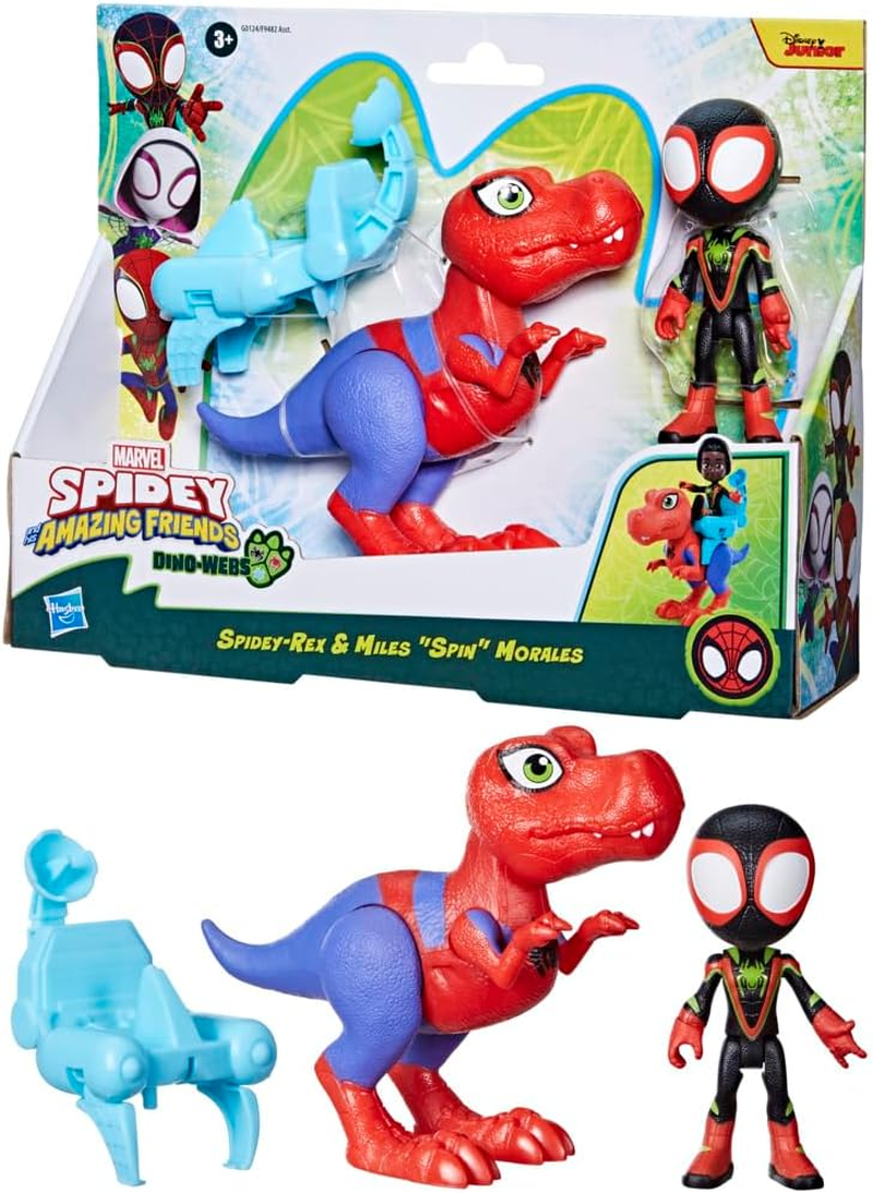 Marvel Spidey and His Amazing Friends Dino-Webs Spidey-Rex & Miles &ldquo;Spin&rdquo; Morales 4-Inch-Scale (10Cm) Spider-Man Action Figure Set, Toys for Kids image number 2