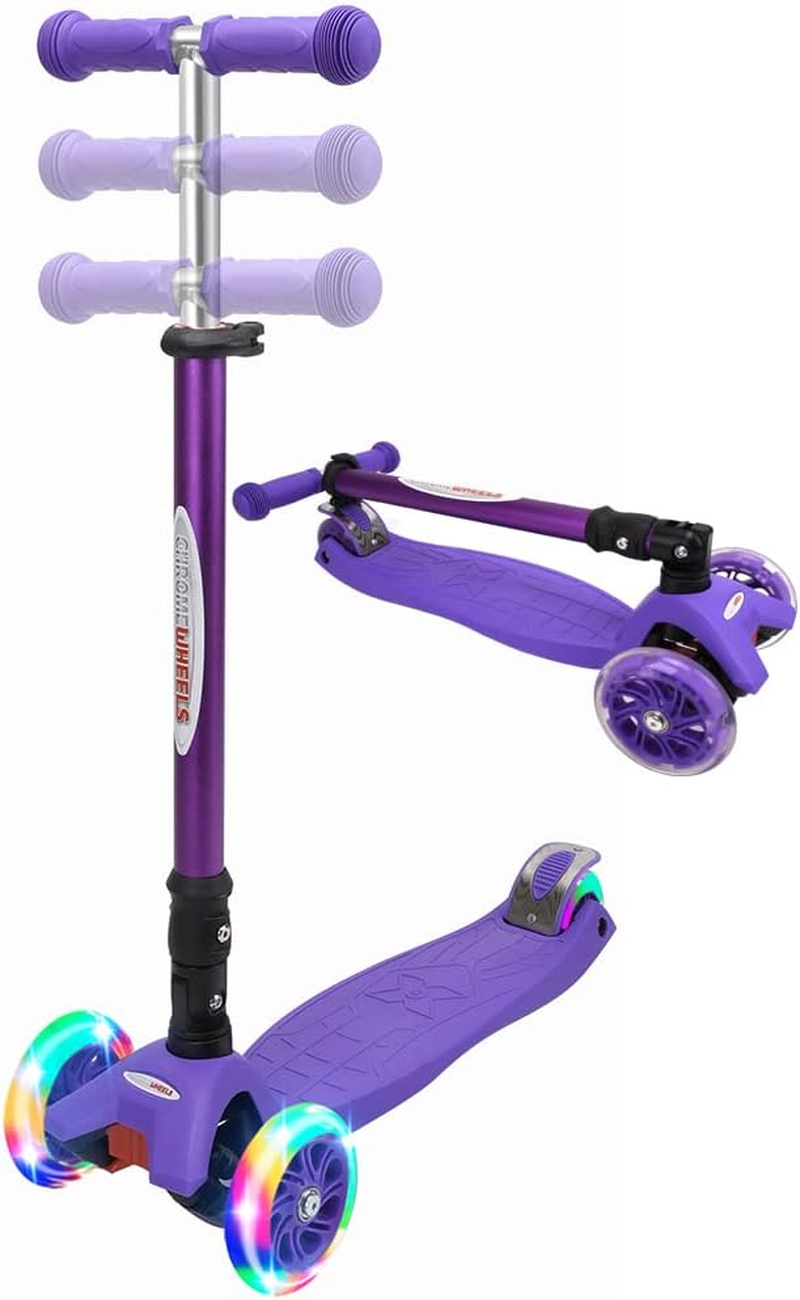Chromewheels Scooters for Kids, Deluxe Kick Scooter Foldable 4 Adjustable Height 150Lb Weight Limit 3 Wheel, Lean to Steer LED Light up Wheels, Best Gifts for Girls Boys Age 3-10 Year Old
