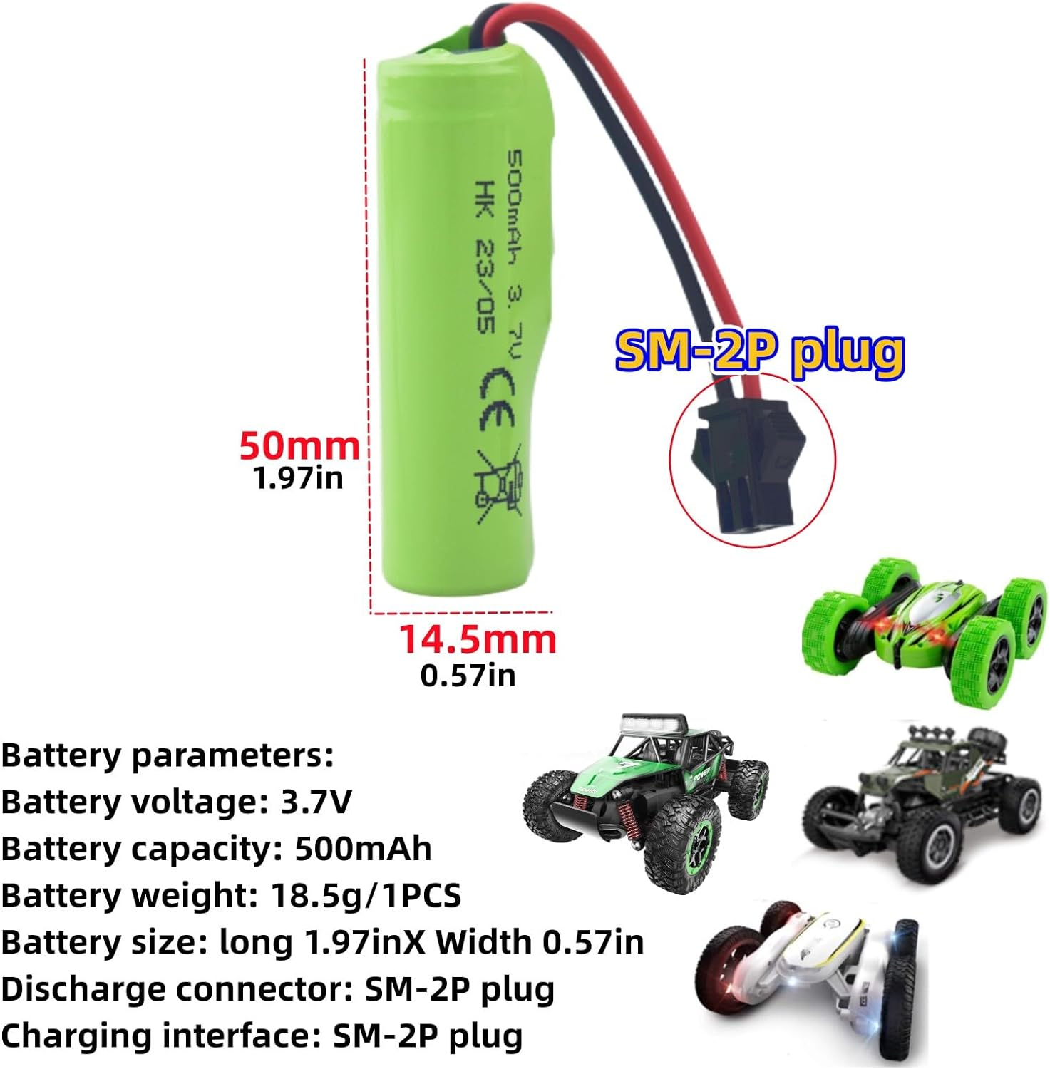 2PCS 3.7V 500Mah Li Ion Battery SM-2P Plug with USB Charger Suitable for Double-Sided Remote Control Stunt Truck RC Car DE35 DE38 DE40 DE50 DE55 TB202 TM141 Toy Car Battery image number 4