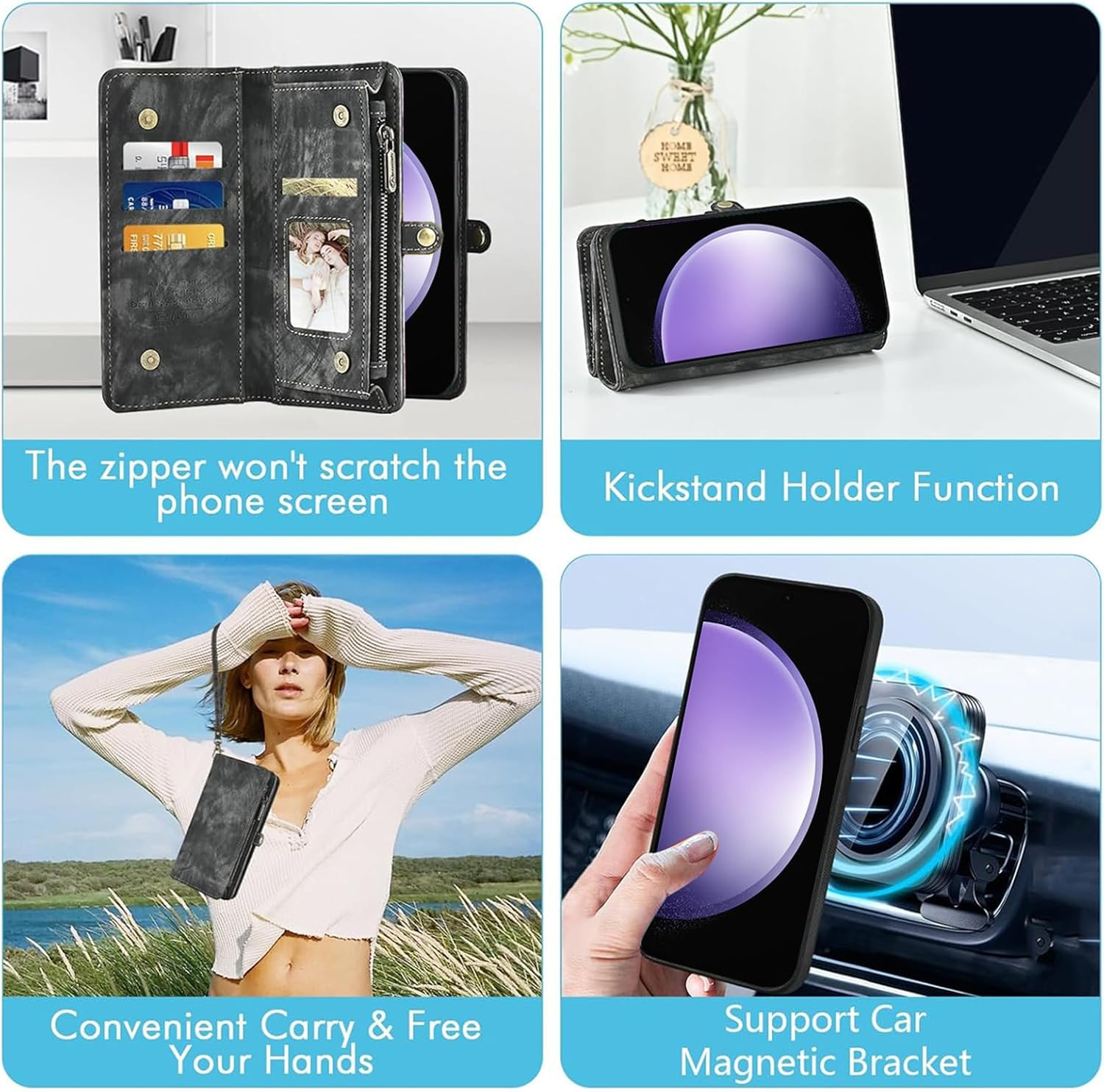 Asuwish Mobile Phone Case for Samsung Galaxy S23 FE 5G Case with Strap Film Protective Film Card Slot Foldable Leather Flowers Wallet Stand S 23 S23FE 23FE Cases Protective Tempered Glass Screen