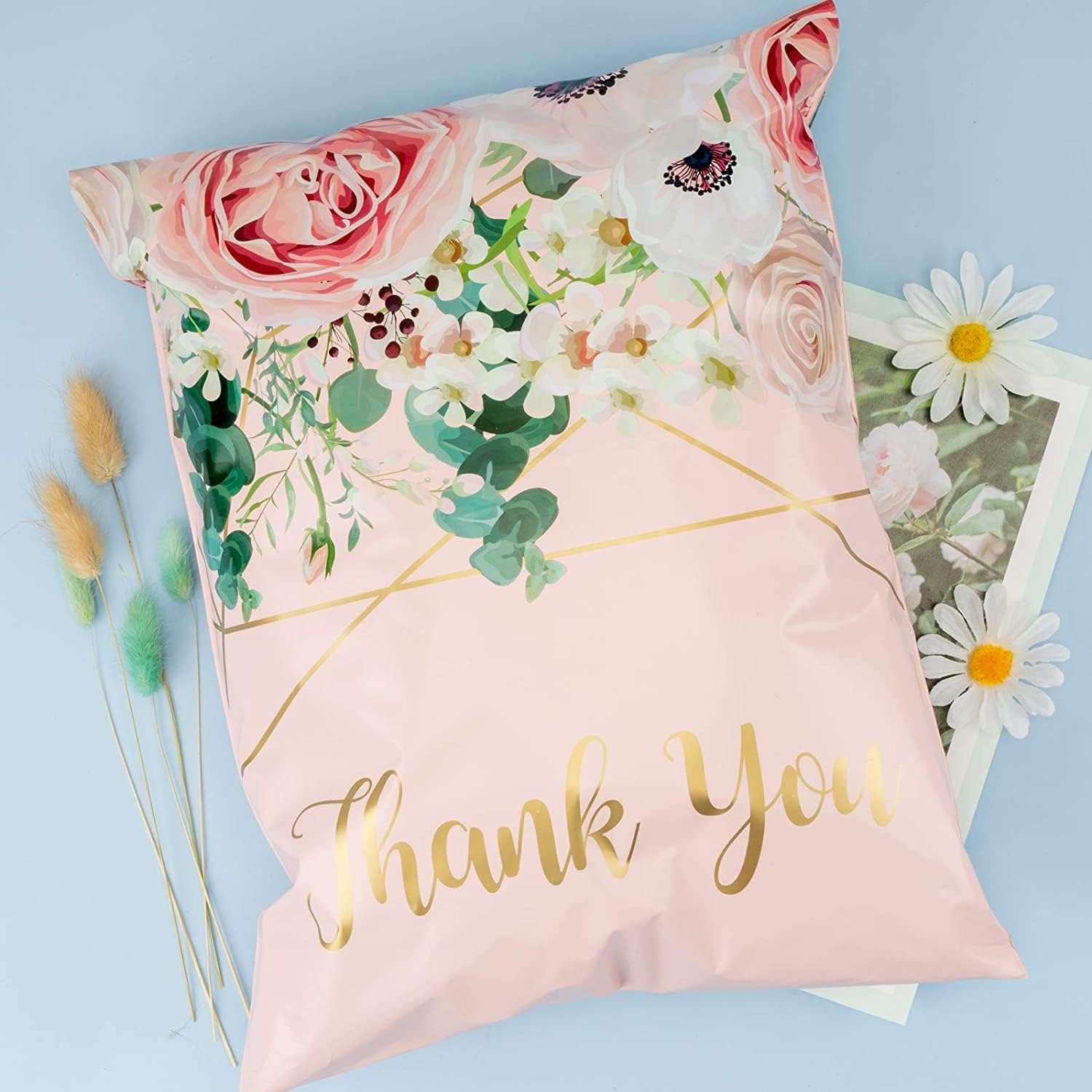 Postage Bags 30X40Cm - 3 Mil Heavy Duty - Tear-Resistant with Self-Sealing Strip Thank You and Flower Design Pink Shipping Bags for Gift Clothes Shoes Packaging, Mailing - 50 Pack image number 3