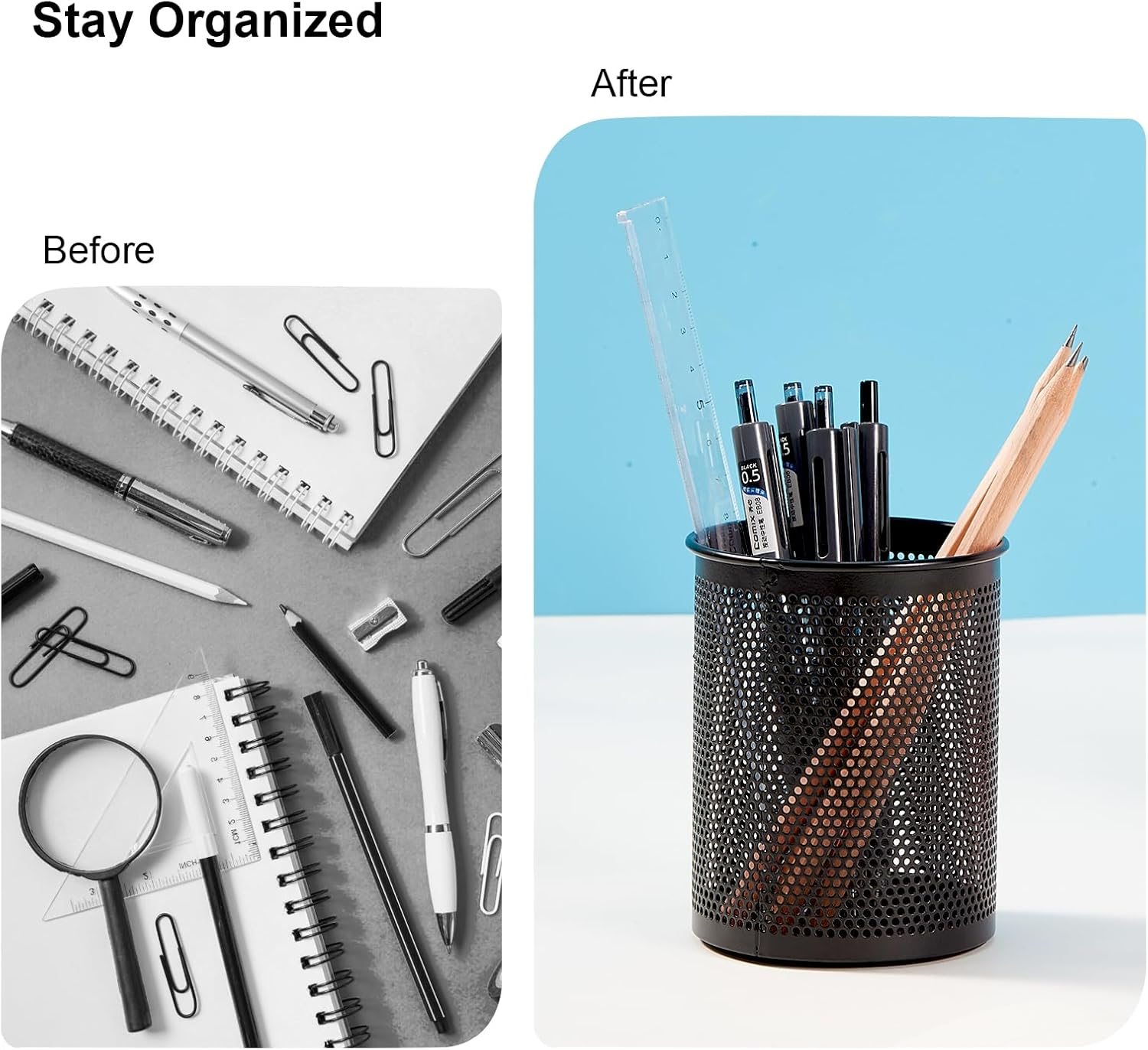 Comix Pen Holder Desk Organizer, Wire Mesh Pencil Cup with Foam Pad and Non-Slip Bottom Office Supplies Desk Accessories for Home Office School, 1 Pack image number 5