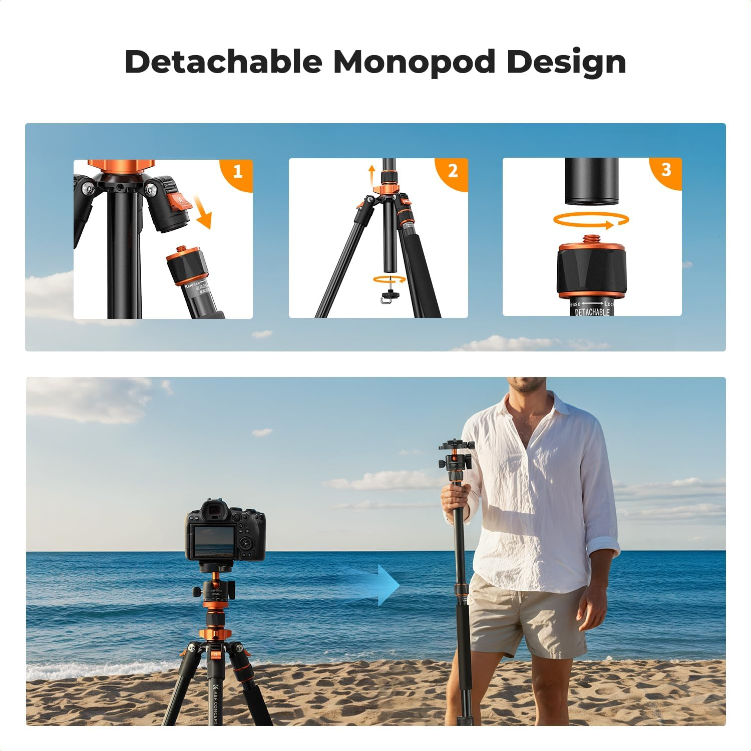 K&F CONCEPT 78 Inch/200Cm Camera Tripod, DSLR Compact Aluminum Tripod Monopod with 360 Degree Ball Head Load Capacity 10KG for Travel Indoor Outdoor Use, K234A7+BH-28L (S210+KF28) image number 2