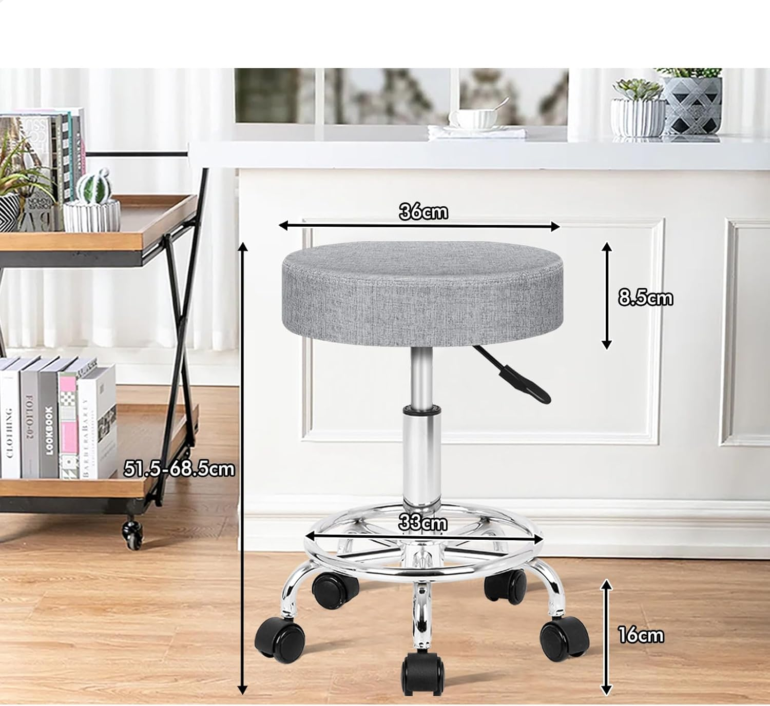 ALFORDSON Salon Stool Kori round Swivel Drafting Rolling Stools in 51.5-68.5Cm Height Adjustable Fabric Spa Stool with Footrest Wheels Backless Hair Dress Barber Chair for SPA Massage Light Grey image number 5