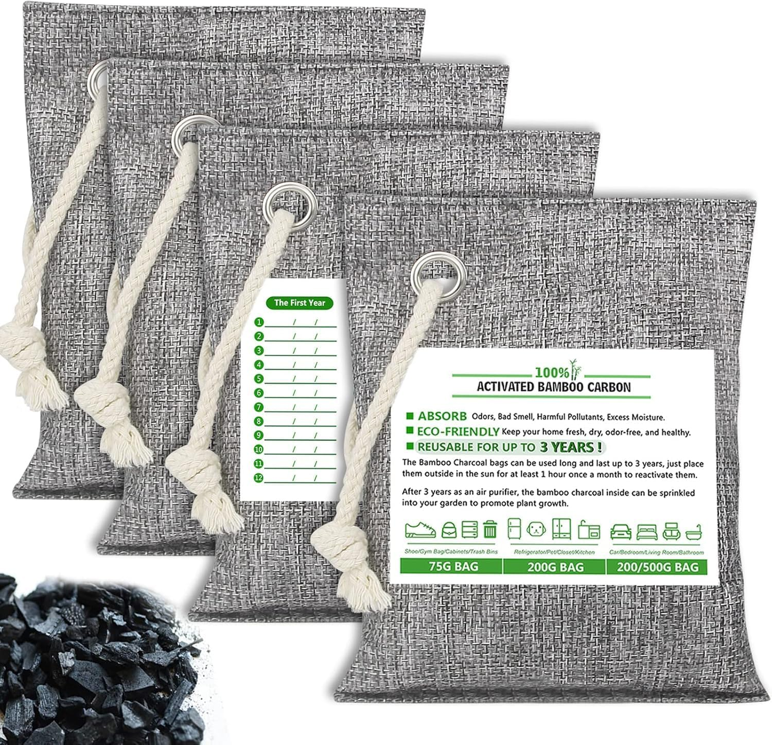 FLSEPAMB Bamboo Activated Charcoal Odor Absorber Bags, 4 Pack, Bamboo Charcoal Air Purifying Bag, Nature Fresh Car Odour Eliminator, Odors, Moisture Absorber for Home, Car, Pets, Room, Closet image number 2