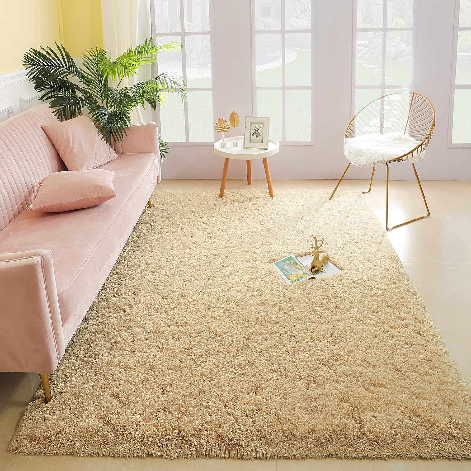 Oval Shaggy Bedroom Rug 2.6 X 5.2 Feet Fluffy Area Rugs for Girls Boys Kids Room Nursery Floor Carpet Home Decoration, Cream