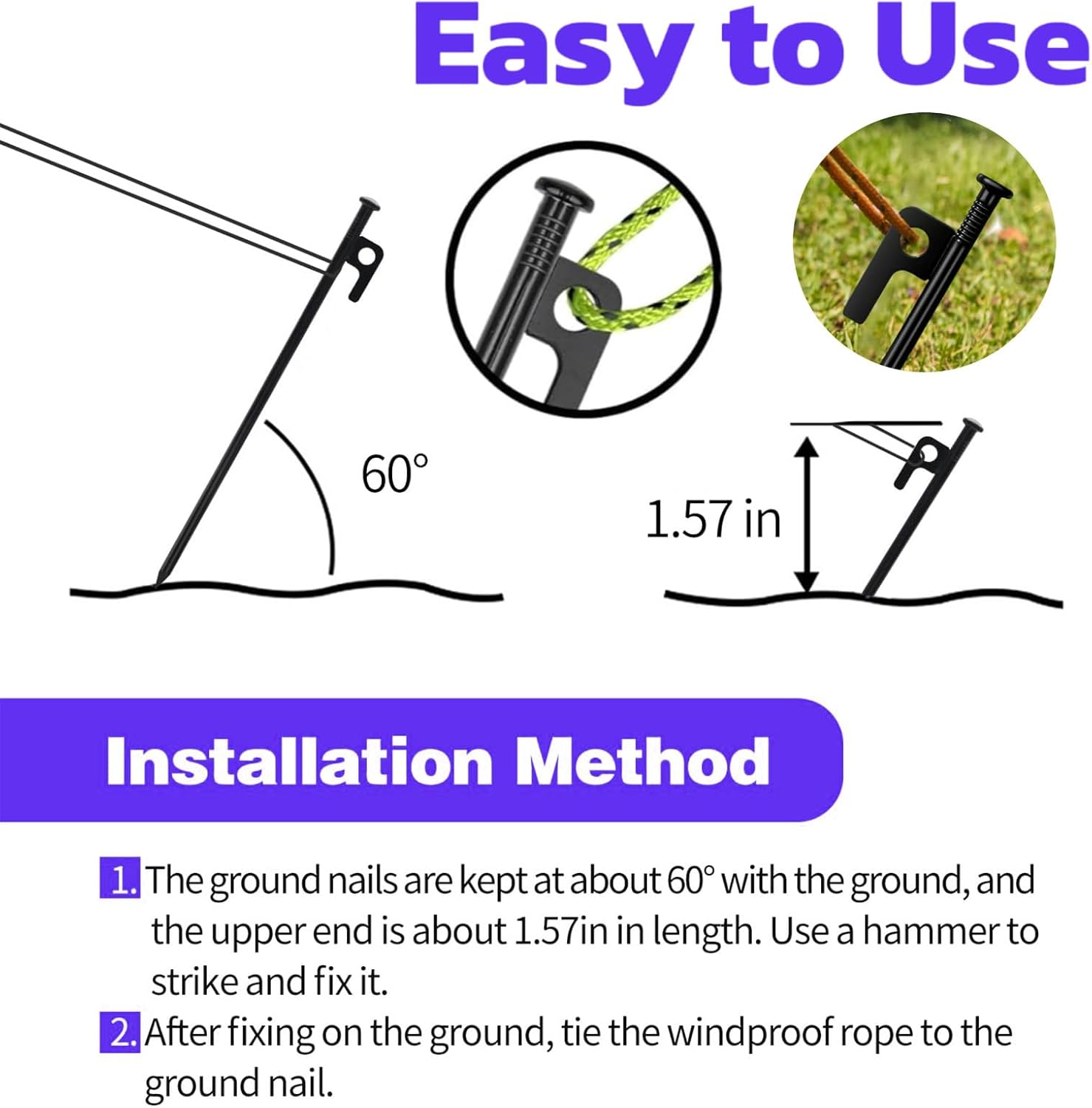 Tent Pegs, 4 Pcs Tent Stake Set, 7.87 Inch Heavy Duty Forged Steel Tent Stakes, for Camping Steel Stakes image number 5
