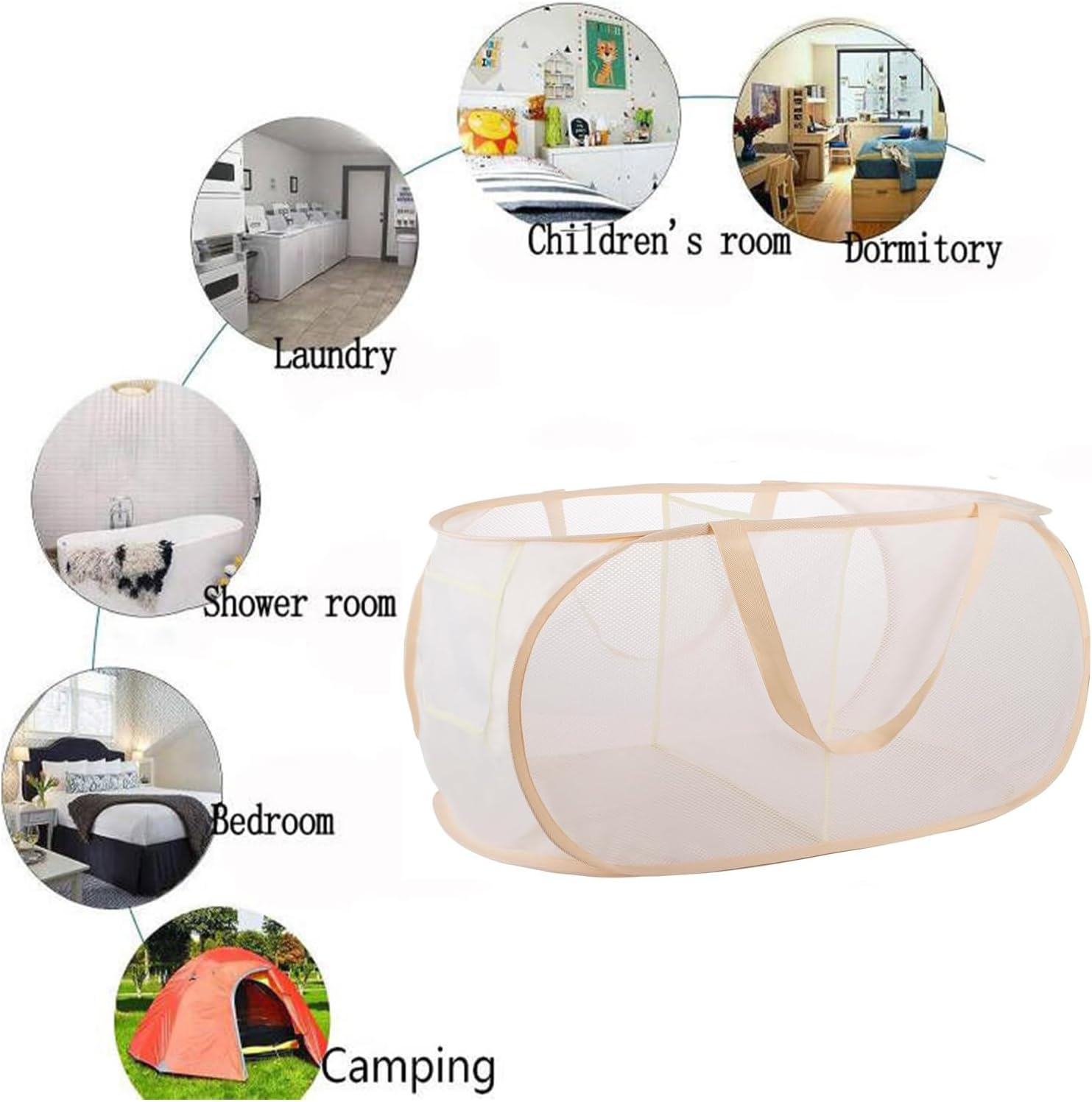 Yharnamite Collapsible Laundry Baskets, Pop up Laundry Hamper, Collapsible Mesh Dirty Clothes Hamper, Clothes Storage Basket with 2 Compartments and Side Pockets for Store Clothes Sundries(Beige-A) image number 5