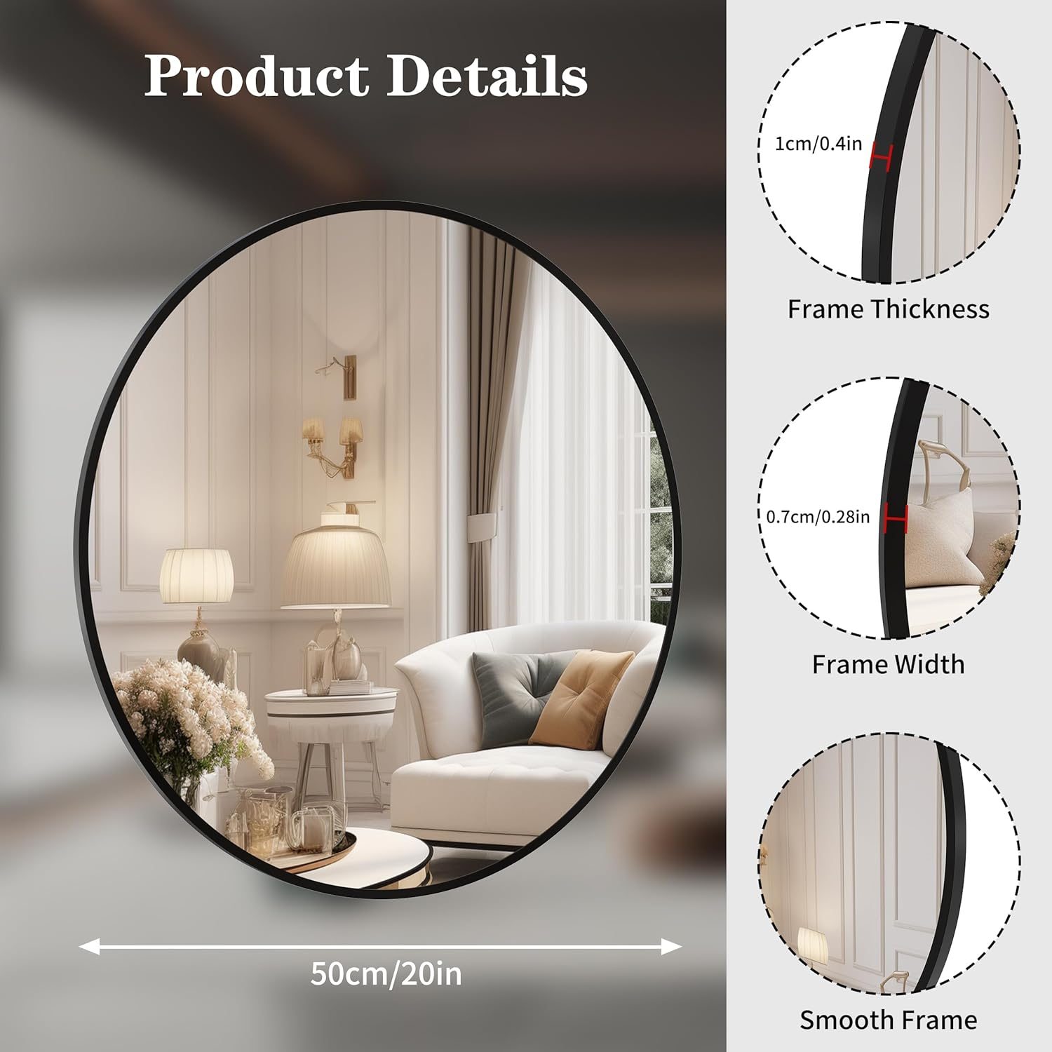 ANYHI round Wall Mirror, 50X50Cm Black round Mirror, Bathroom Mirror for Wall, Hanging Circle Mirror, Decorative round Wall Mirror, Wall Mounted Mirror for Bathroom, Bedroom, Entryways, Living Room image number 5