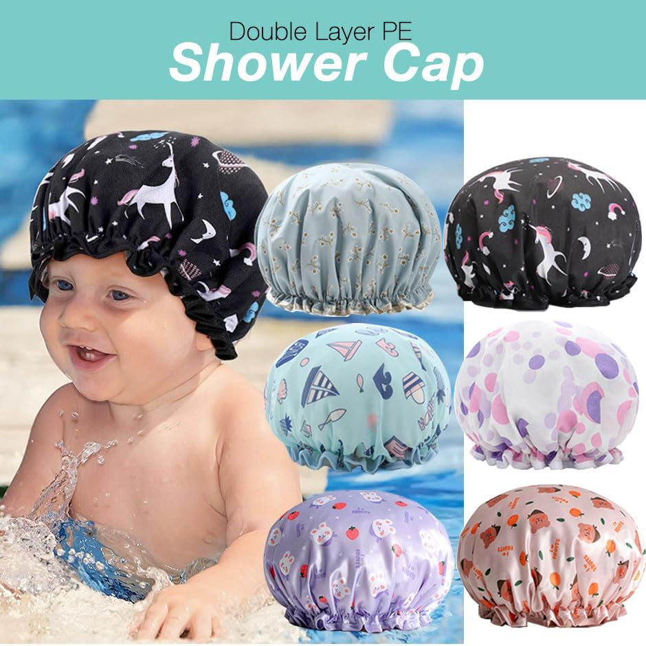 1 Pack Shower Cap, Reusable Bath Shower Caps for Women Long Hair, Double Layer Waterproof Bathing Shower Hat Hair Protector for Kids Girls Men (Black) image number 2