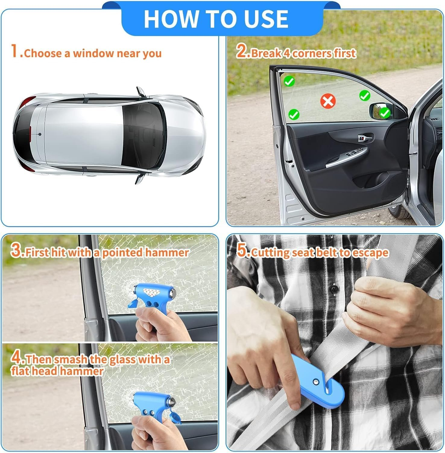 2 Pack Car Safety Hammer Seat Belt Cutter, 3-In-1 Emergency Escape Hammer with Window Glass Breaker and Seat Belt Cutter, Safety Emergency Escape Tool for Car Accidents image number 2