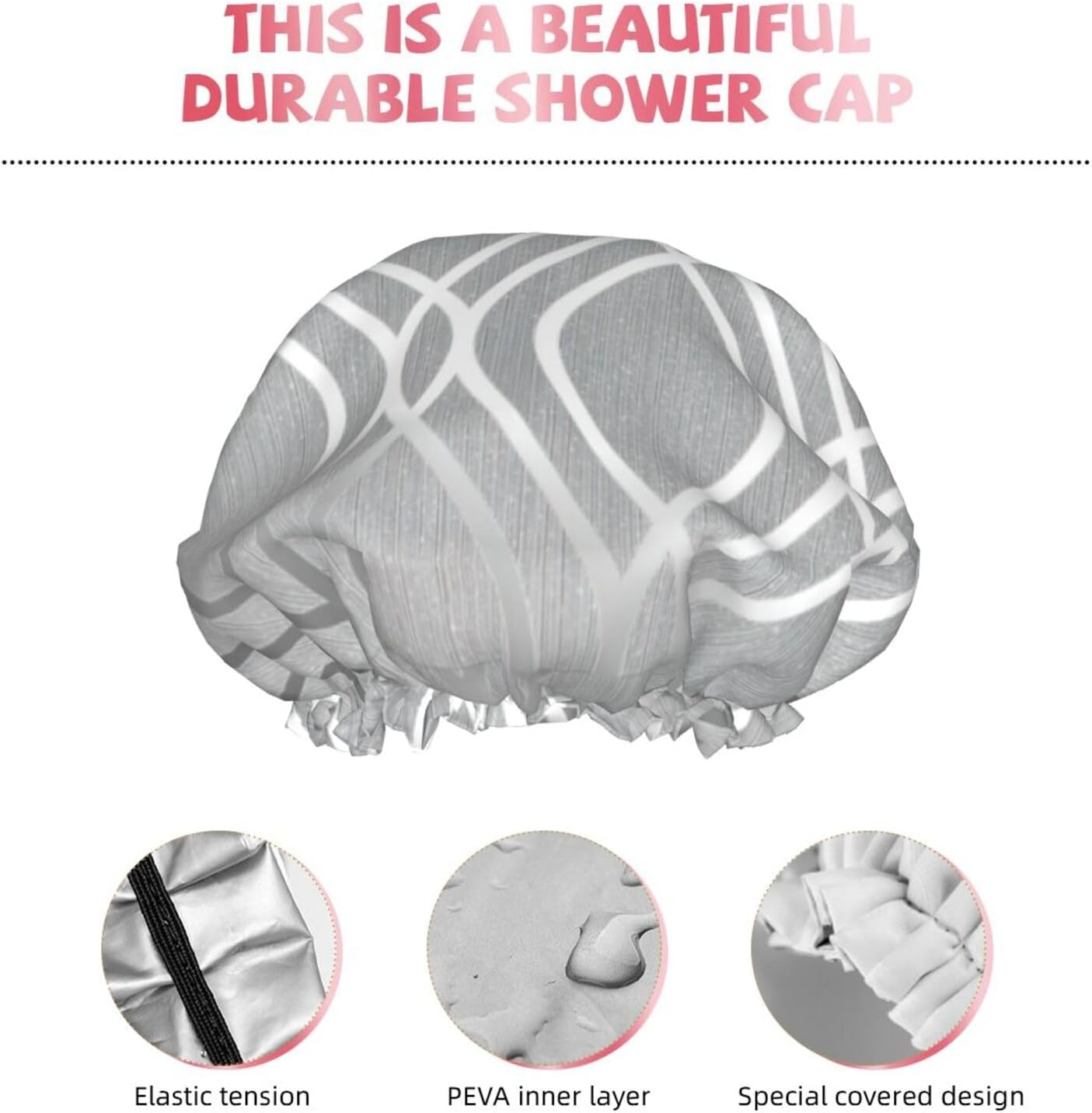 Silver Geometric Figure Print Shower Cap for Women Lightweight Reusable Softdouble Waterproof Layers Leakproof. image number 6