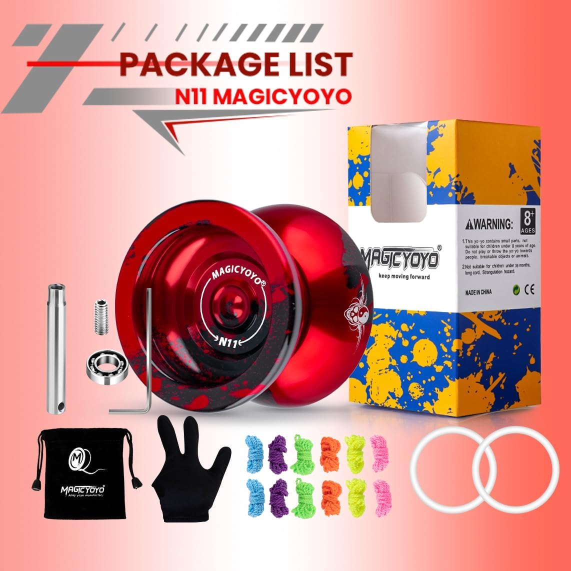 MAGICYOYO N11 Professional Unresponsive Yoyo & Responsive Yo Yo for Kids 8-12 or above Alloy Aluminum Yo-Yo with Yoyo Bag, 1 Glove, 12Strings and Responsive Bearing Kit (Black Red) image number 4