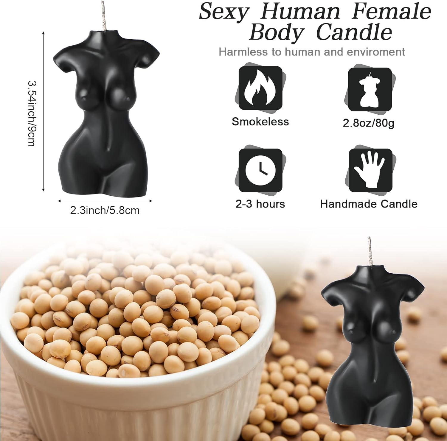 Tondiamo 2 Pieces Body Shaped Candle Female Male Body Men Torso Soy Wax Scented Decorative Candle for Bedroom Bathroom Wedding(Black) - Black image number 3