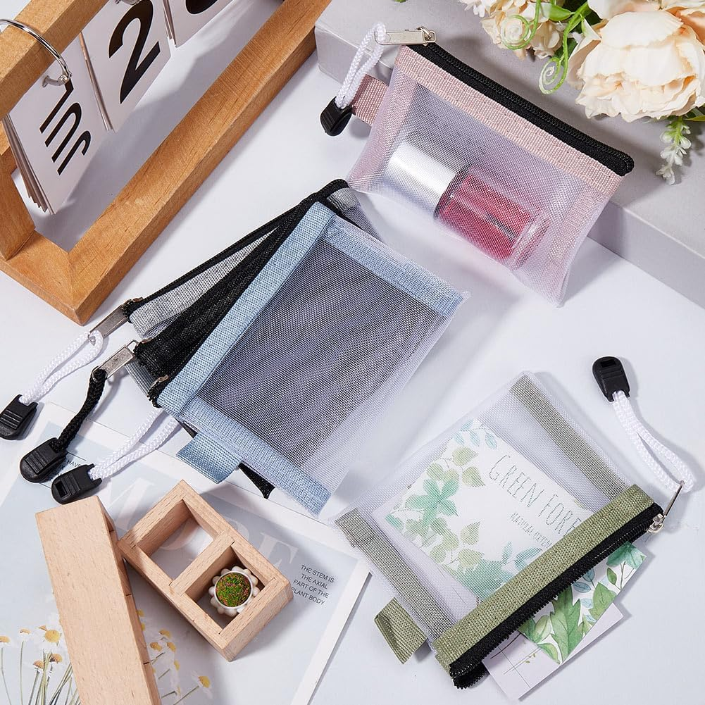 SOFPLATE 5Pcs 5 Colors 3 X 4.5 Inch Mini Zipper Mesh Bags Cosmetic Mesh Pouch Travel Nylon Portable Makeup Toiletry Bag Organizer Key Card Holder for Purse Home Office Lipstick Brushes Coin Women