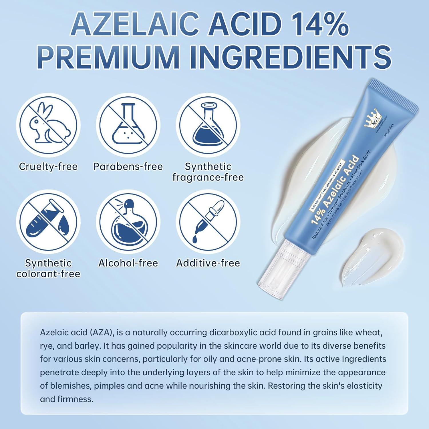 Azelaic Acid Face Serum Cream for Redness Relief,Dark Spots,Azelaic Acid Acne Cream with Niacinamide & Vitamin C,Acid 14% Facial Serum Balance Excess Sebum & Soothe Irritation,30Ml image number 5