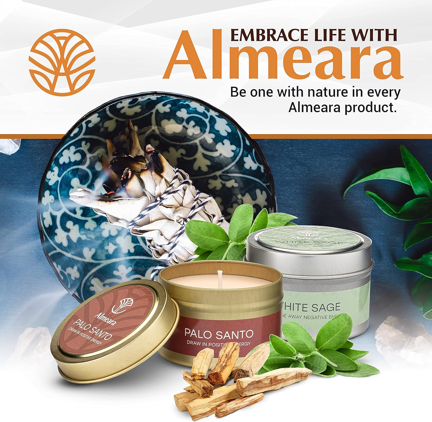Almeara Space Cleansing Kit Sage Candle and Palo Santo Candle Set 3.7Oz Each - 100% Soy Wax Candles with Concentrated Essential Oil - Cleanse Negative Energy - Restore Positive Vibrations